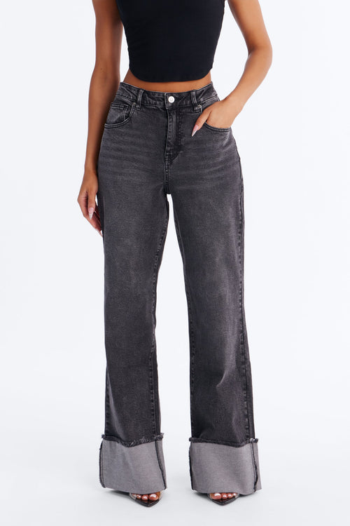 All The While Cuffed Wide Leg Jeans - Black Wash