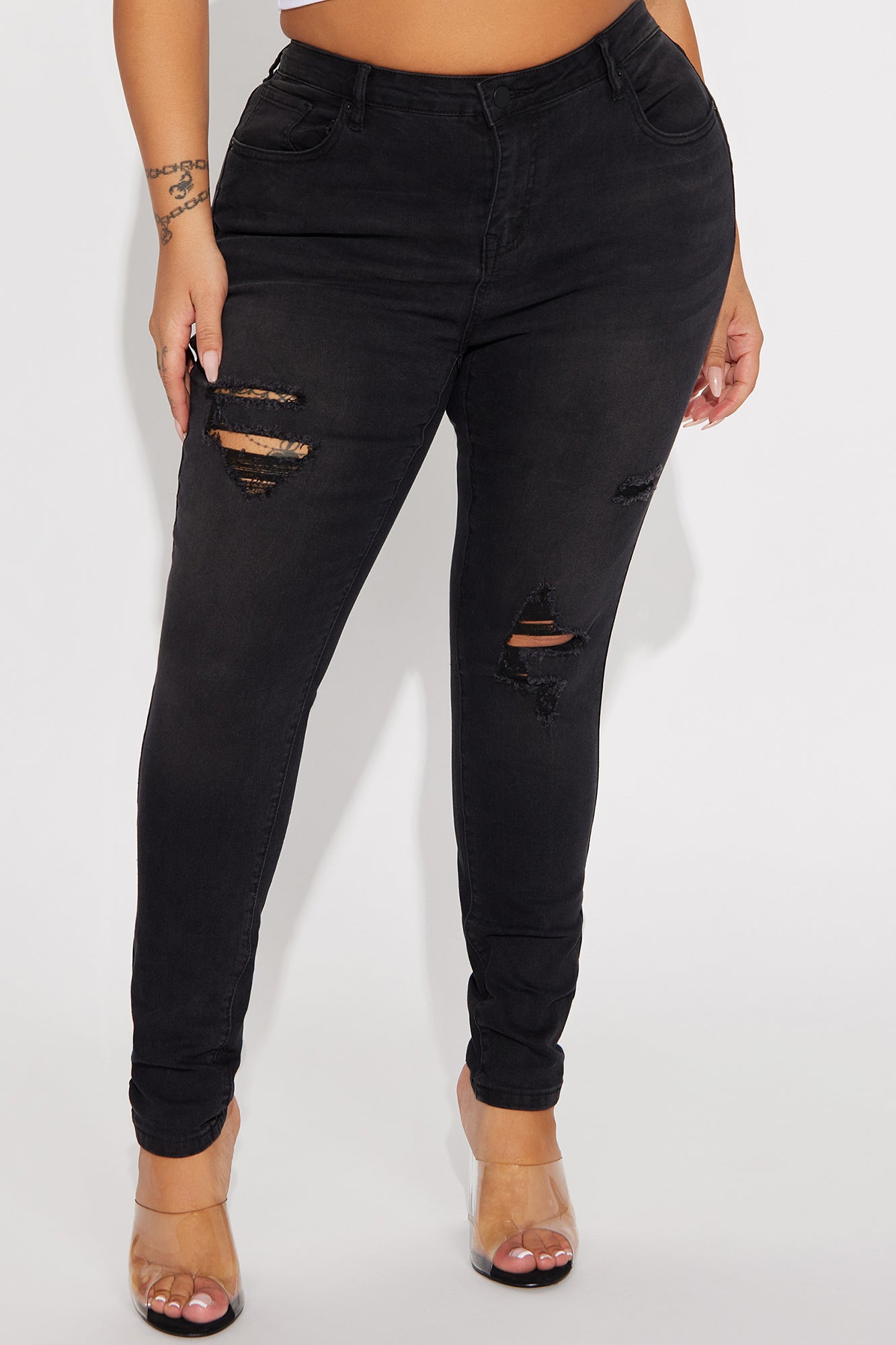 Calabasas Ripped Mid Rise Stretch Skinny Jeans - Black Wash