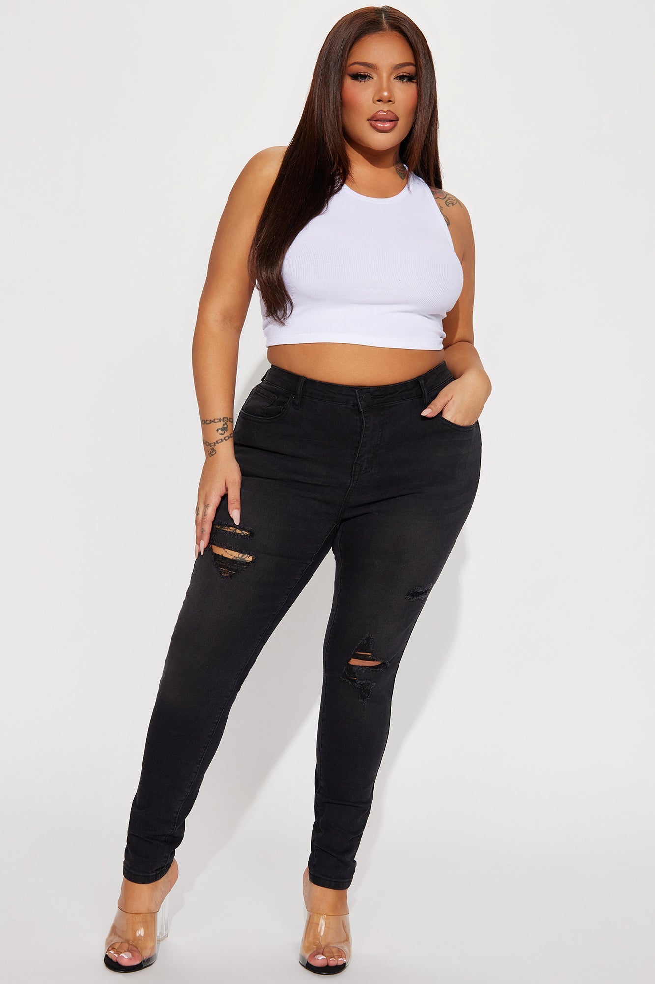 Calabasas Ripped Mid Rise Stretch Skinny Jeans - Black Wash