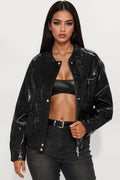 Follow My Lead Faux Leather Oversized Bomber Jacket - Black