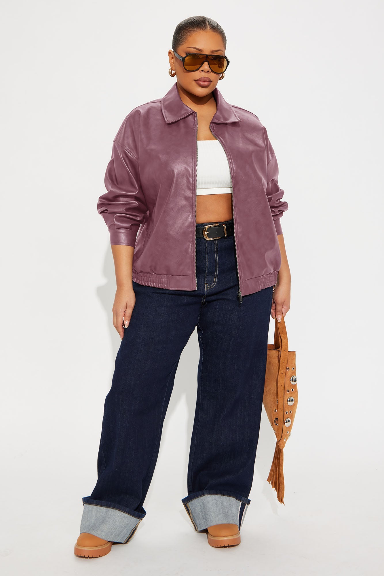 Hustle Mode Oversized Faux Leather Jacket - Lilac