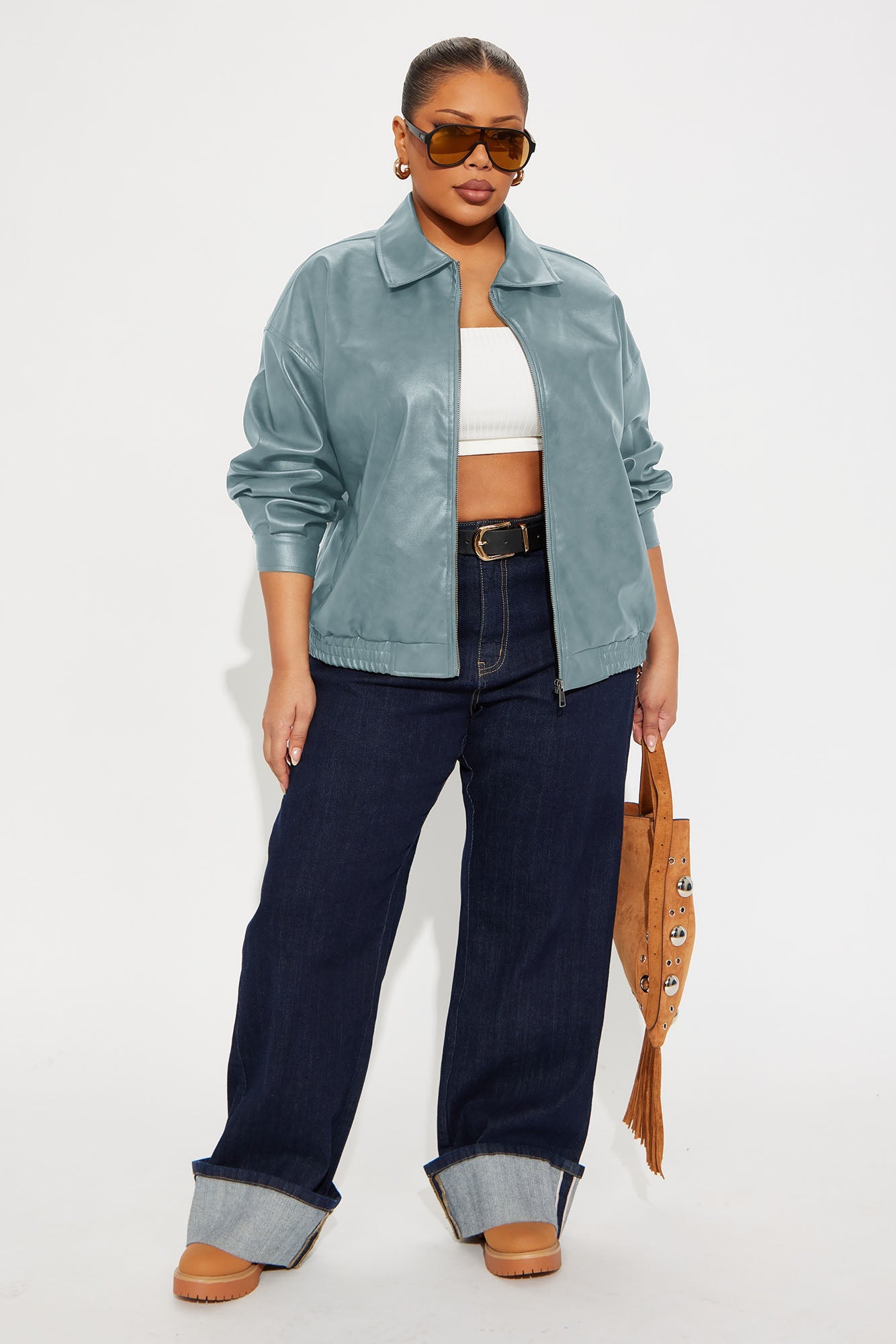 Hustle Mode Oversized Faux Leather Jacket - Slate Blue