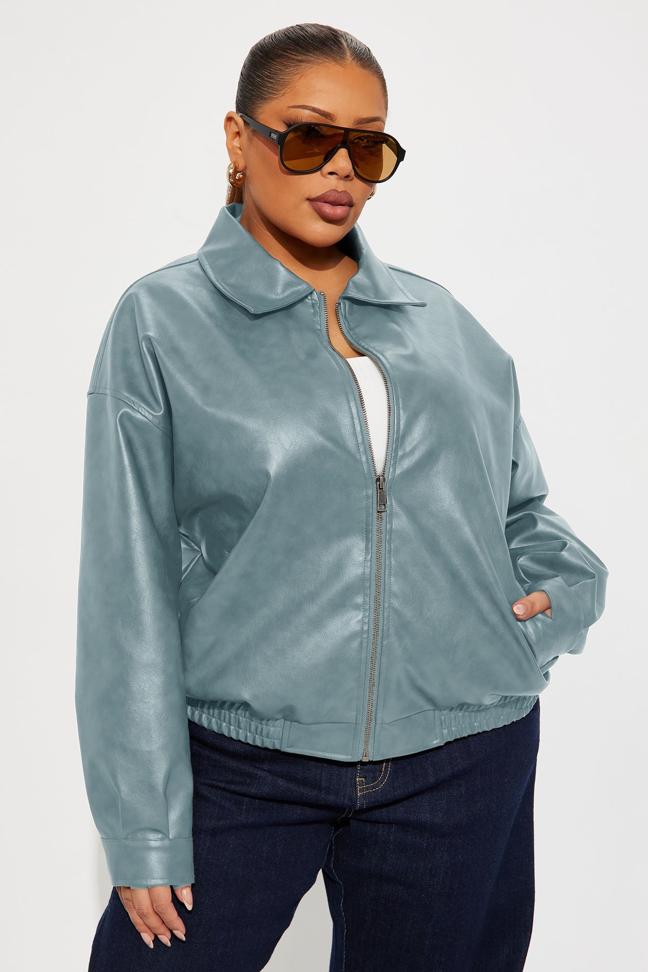 Hustle Mode Oversized Faux Leather Jacket - Slate Blue