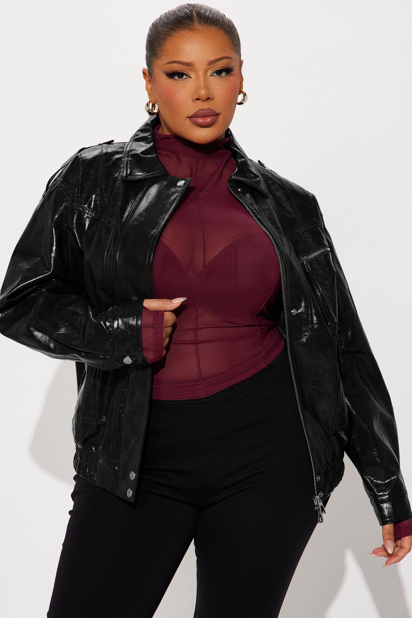 Follow My Lead Faux Leather Oversized Bomber Jacket - Black