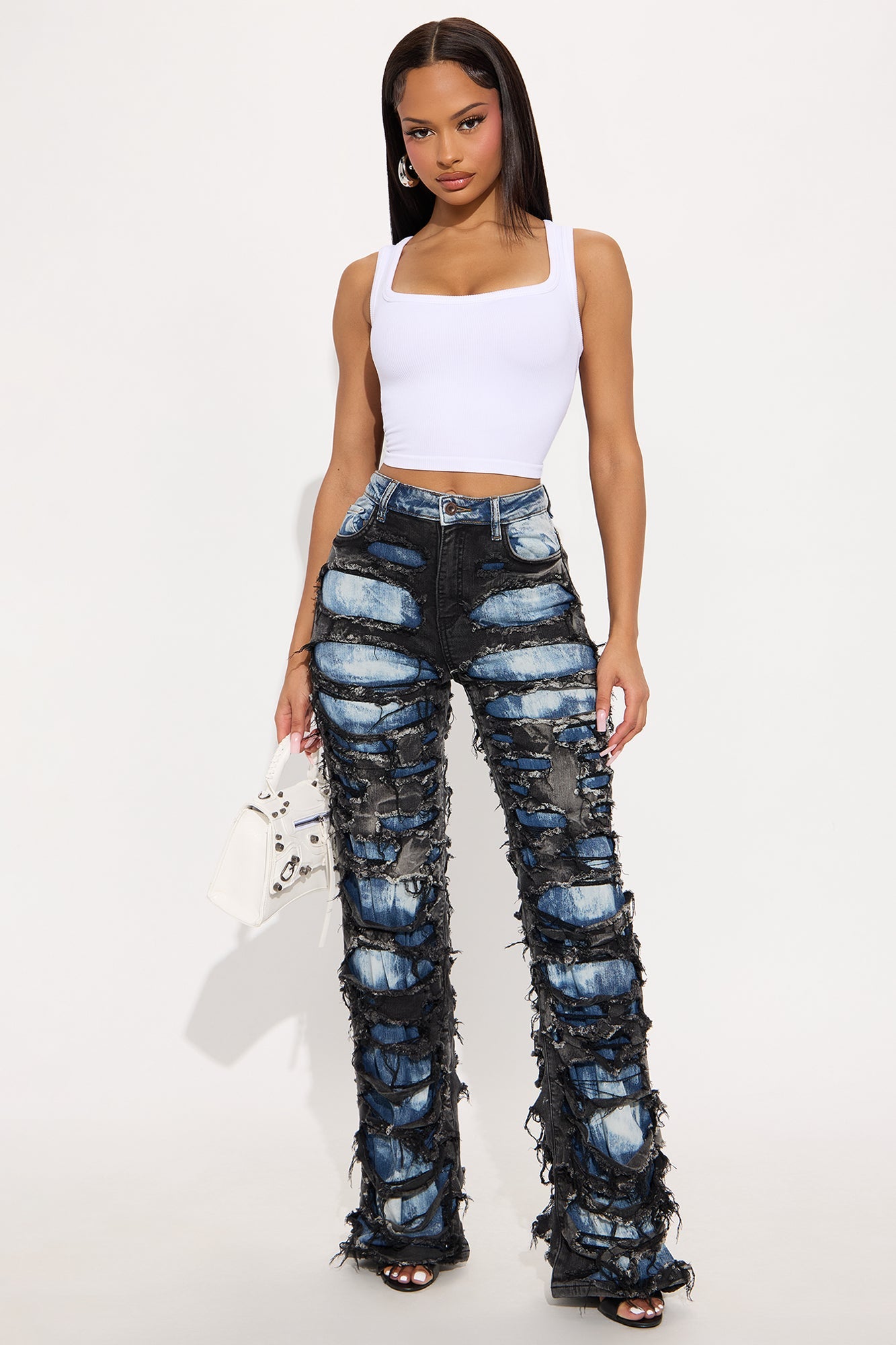 Teagan Two Tone Shredded Wide Leg Jeans - Black/combo