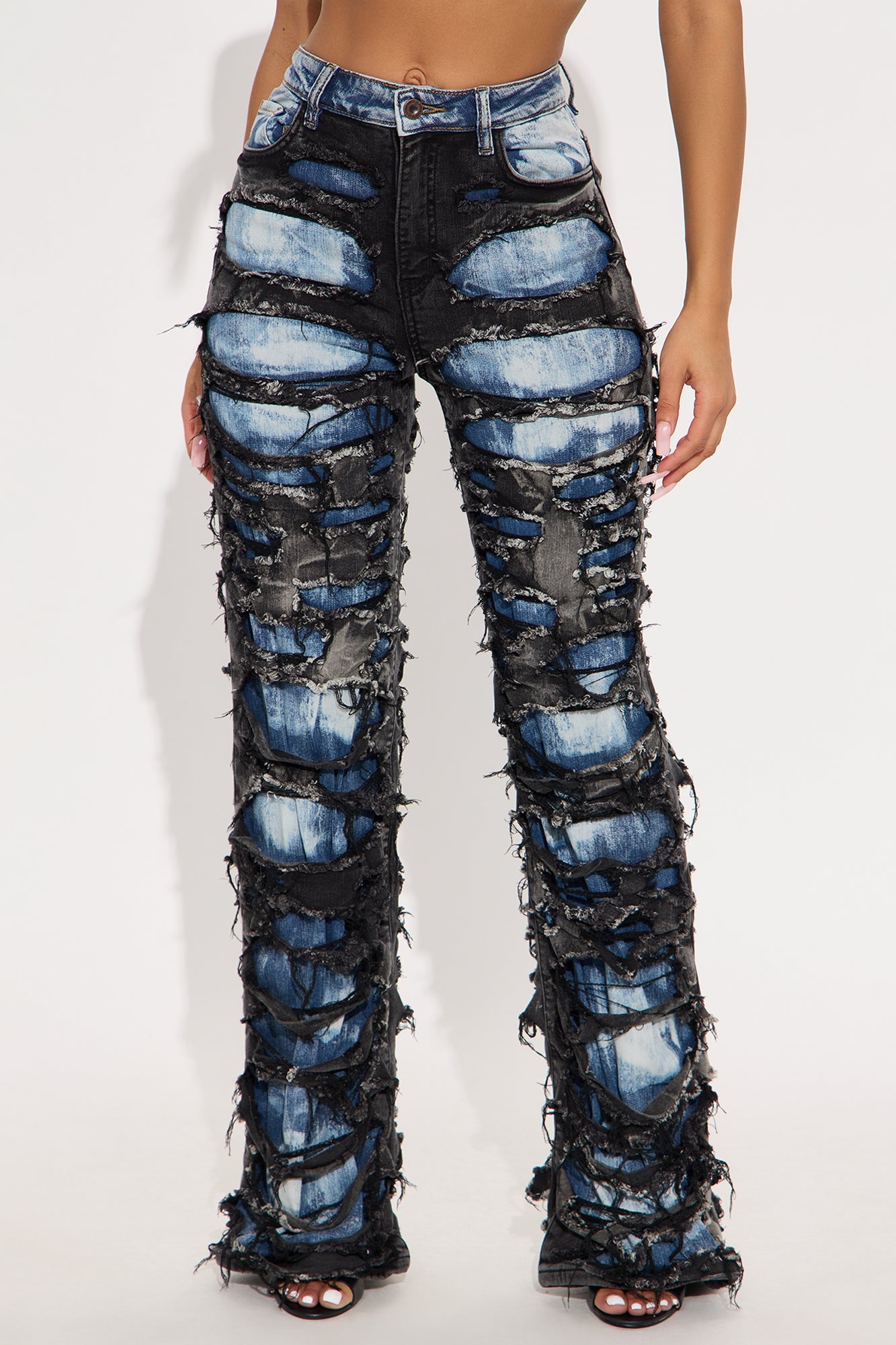 Teagan Two Tone Shredded Wide Leg Jeans - Black/combo