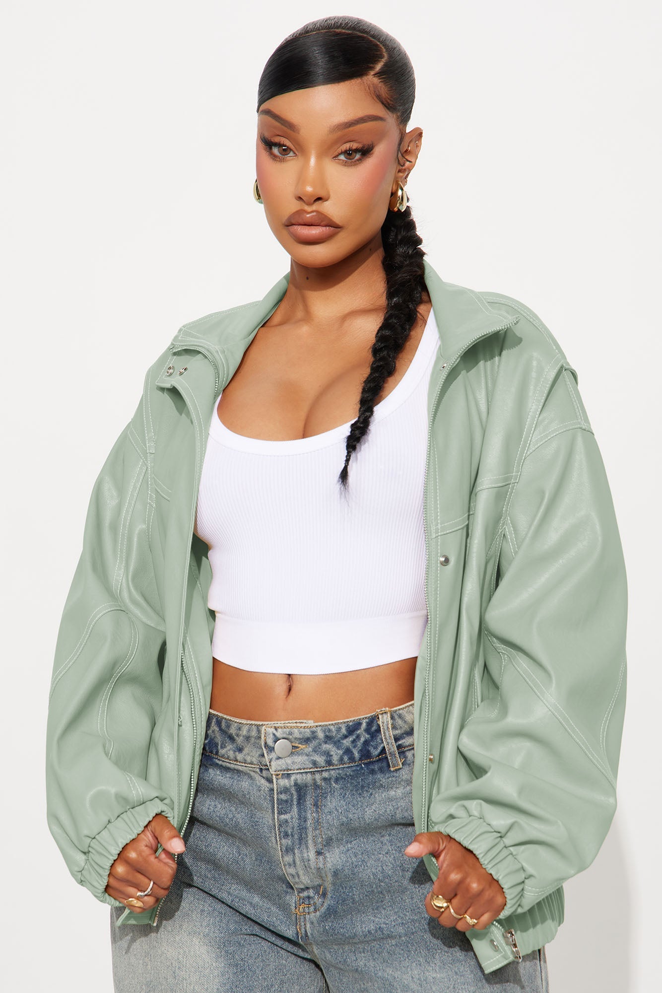 Stella Faux Leather Bomber Jacket - Sage