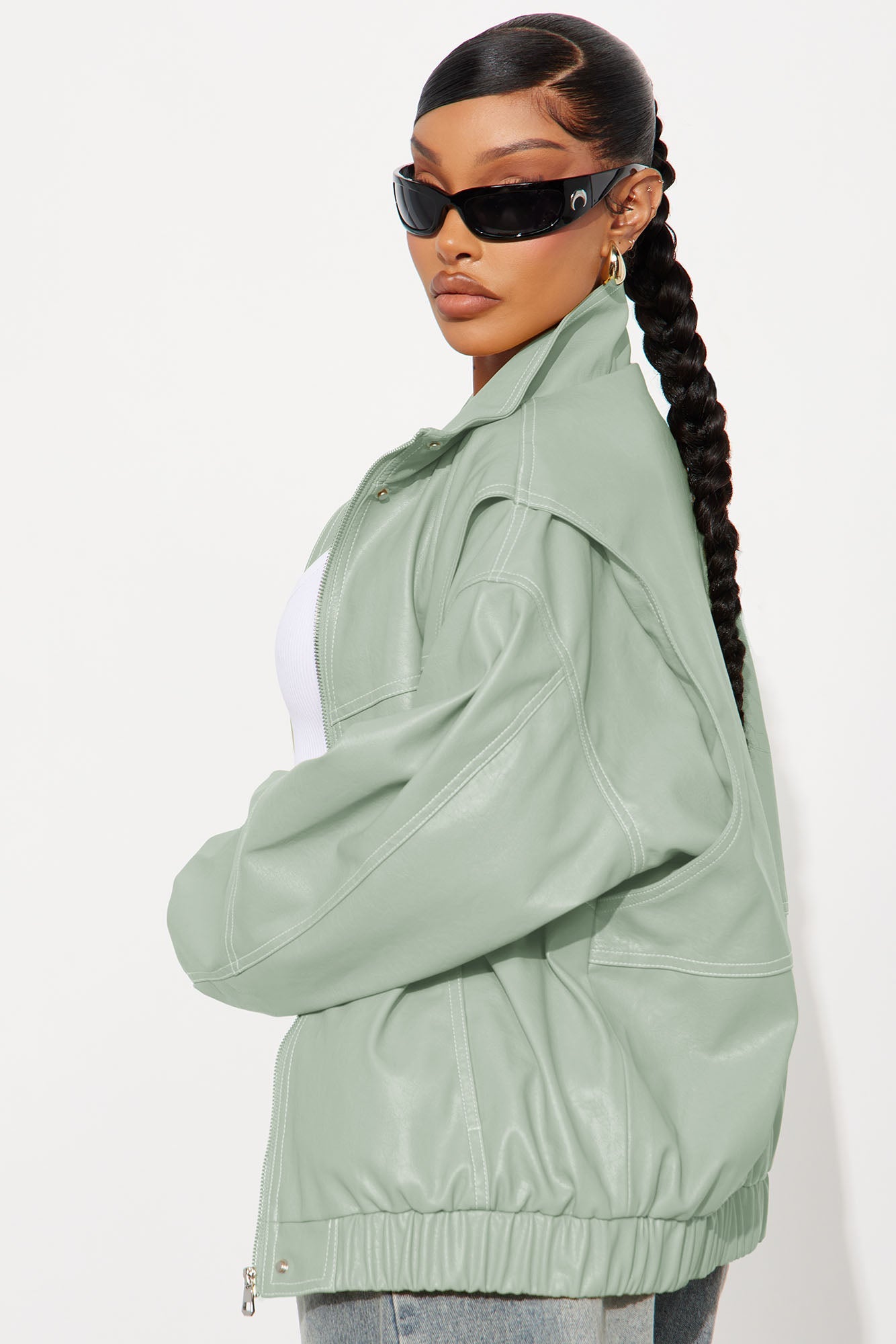 Stella Faux Leather Bomber Jacket - Sage