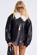 Mia Faux Leather Fur Bomber Jacket - Black