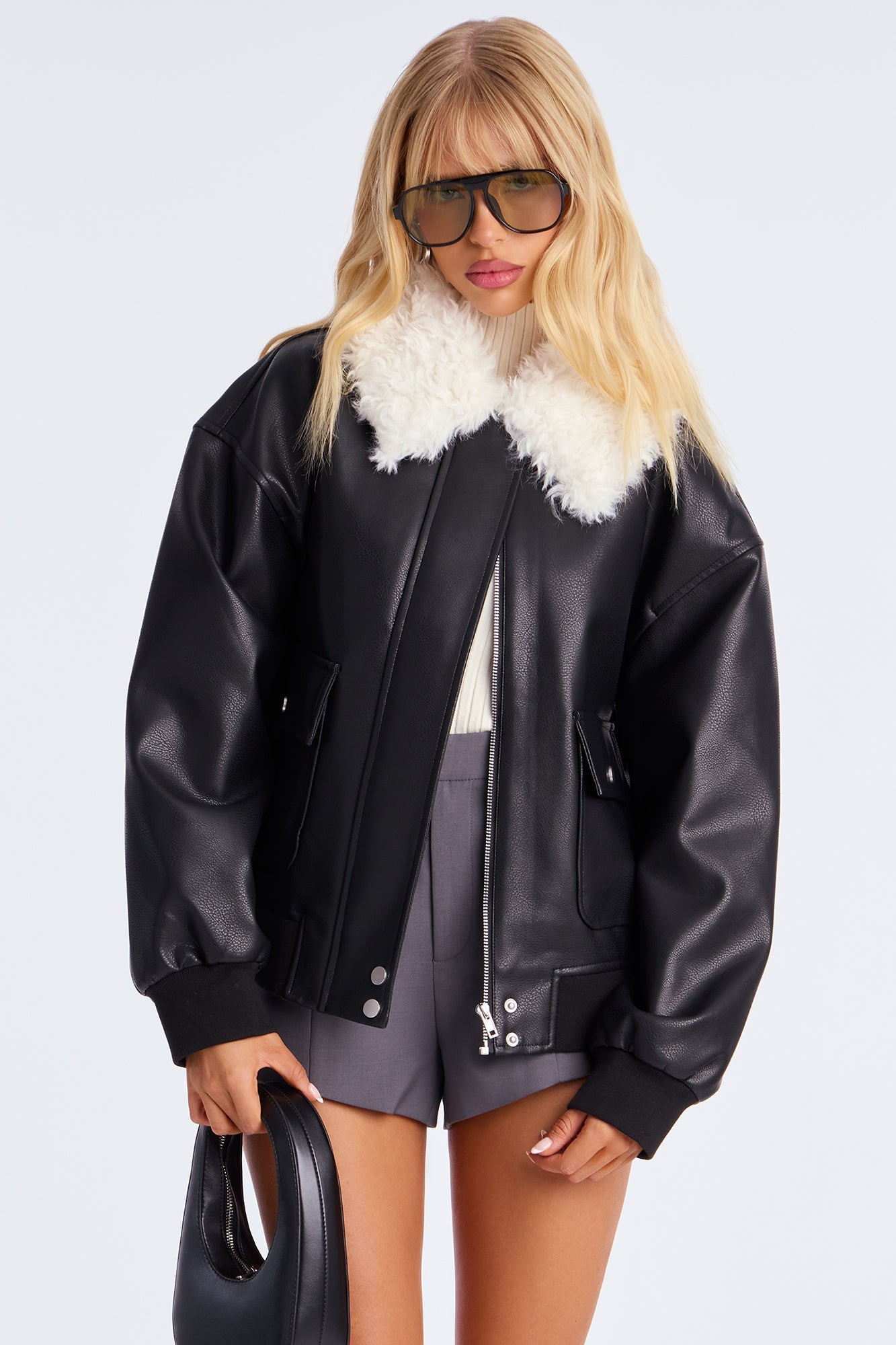 Mia Faux Leather Fur Bomber Jacket - Black