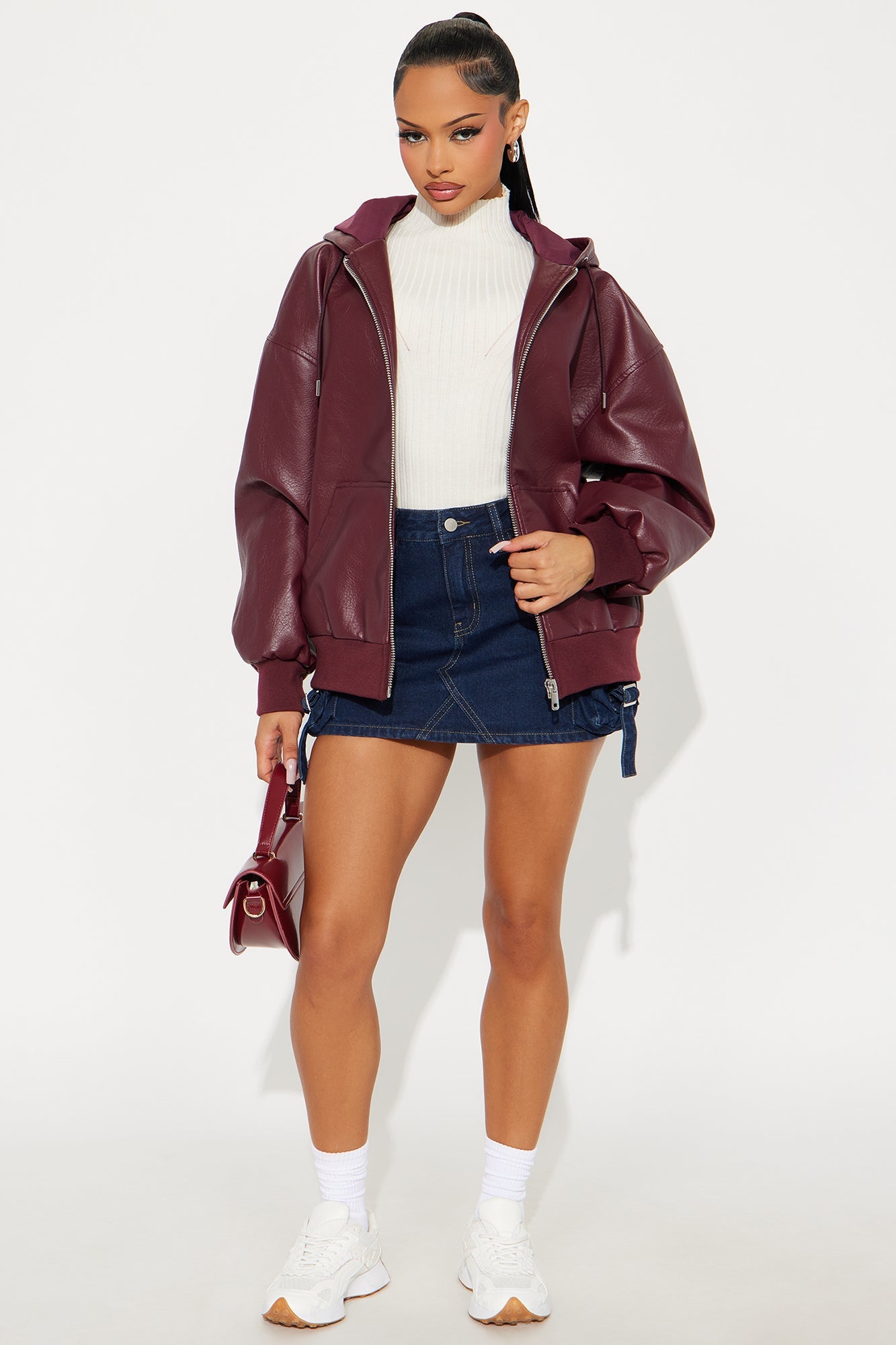 Alix Faux Leather Oversized Bomber Jacket - Burgundy