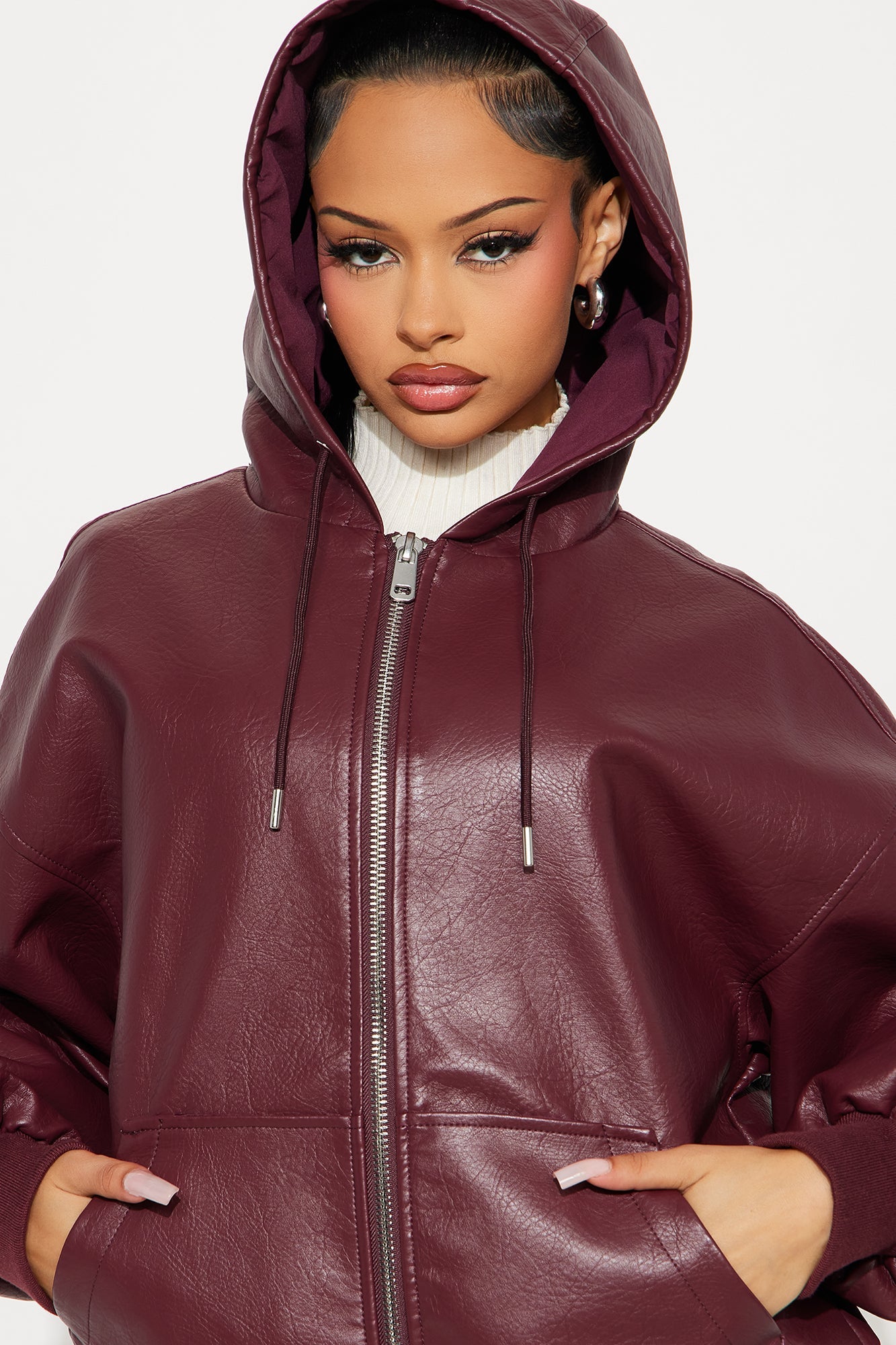 Alix Faux Leather Oversized Bomber Jacket - Burgundy