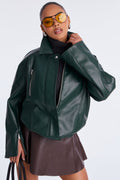 More To Come Faux Leather Bomber Jacket - Hunter