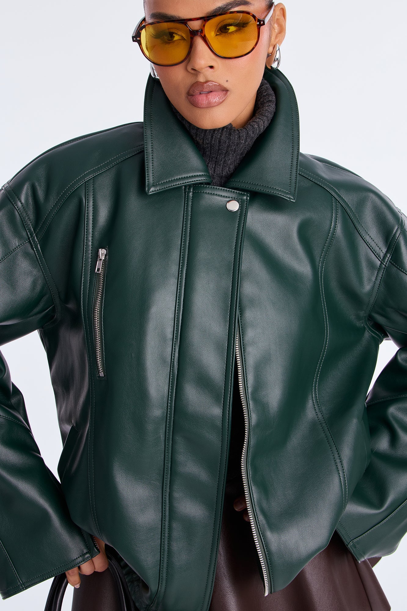 More To Come Faux Leather Bomber Jacket - Hunter