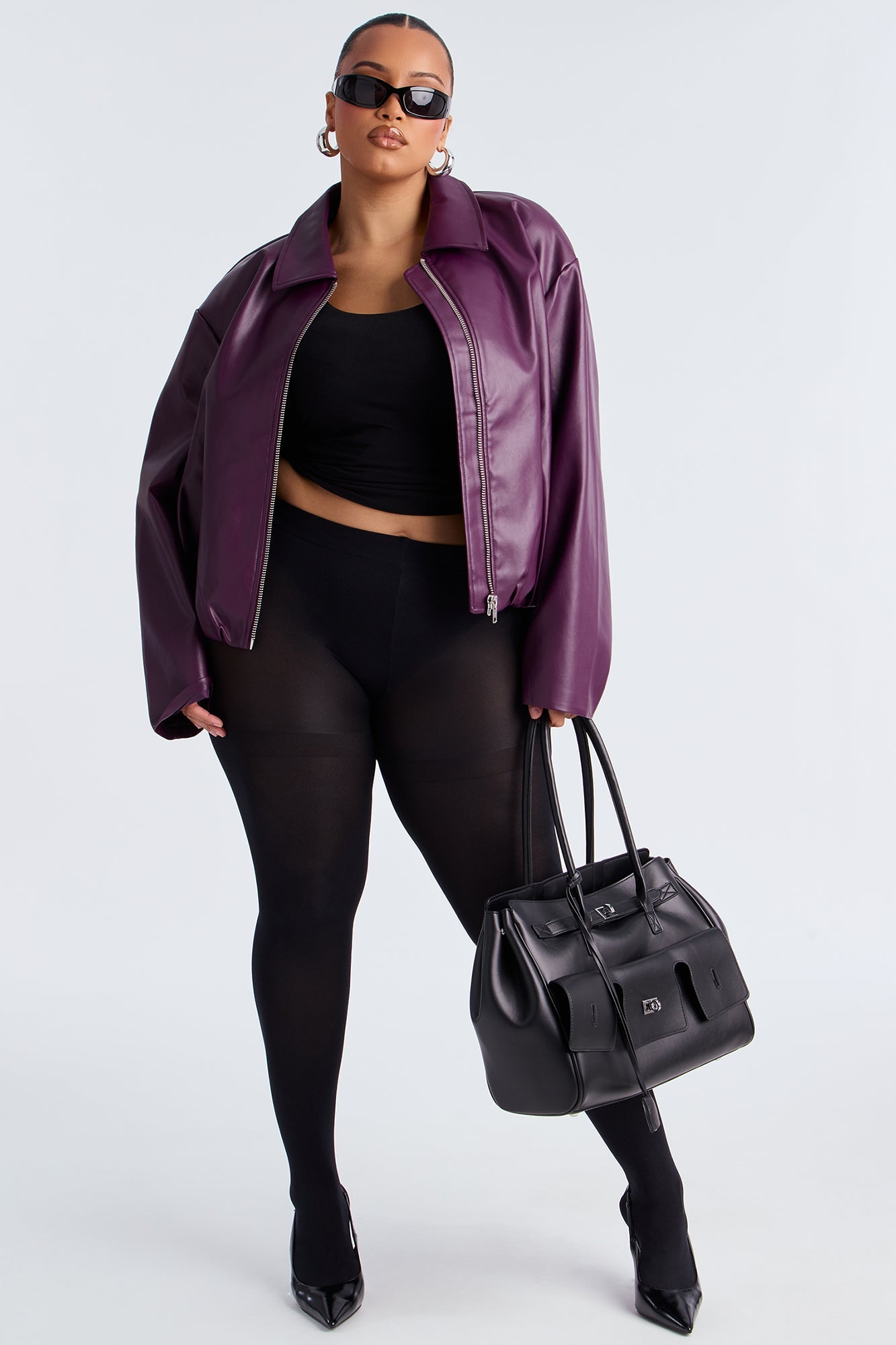 Iman It Girl Faux Leather Bomber Jacket - Plum