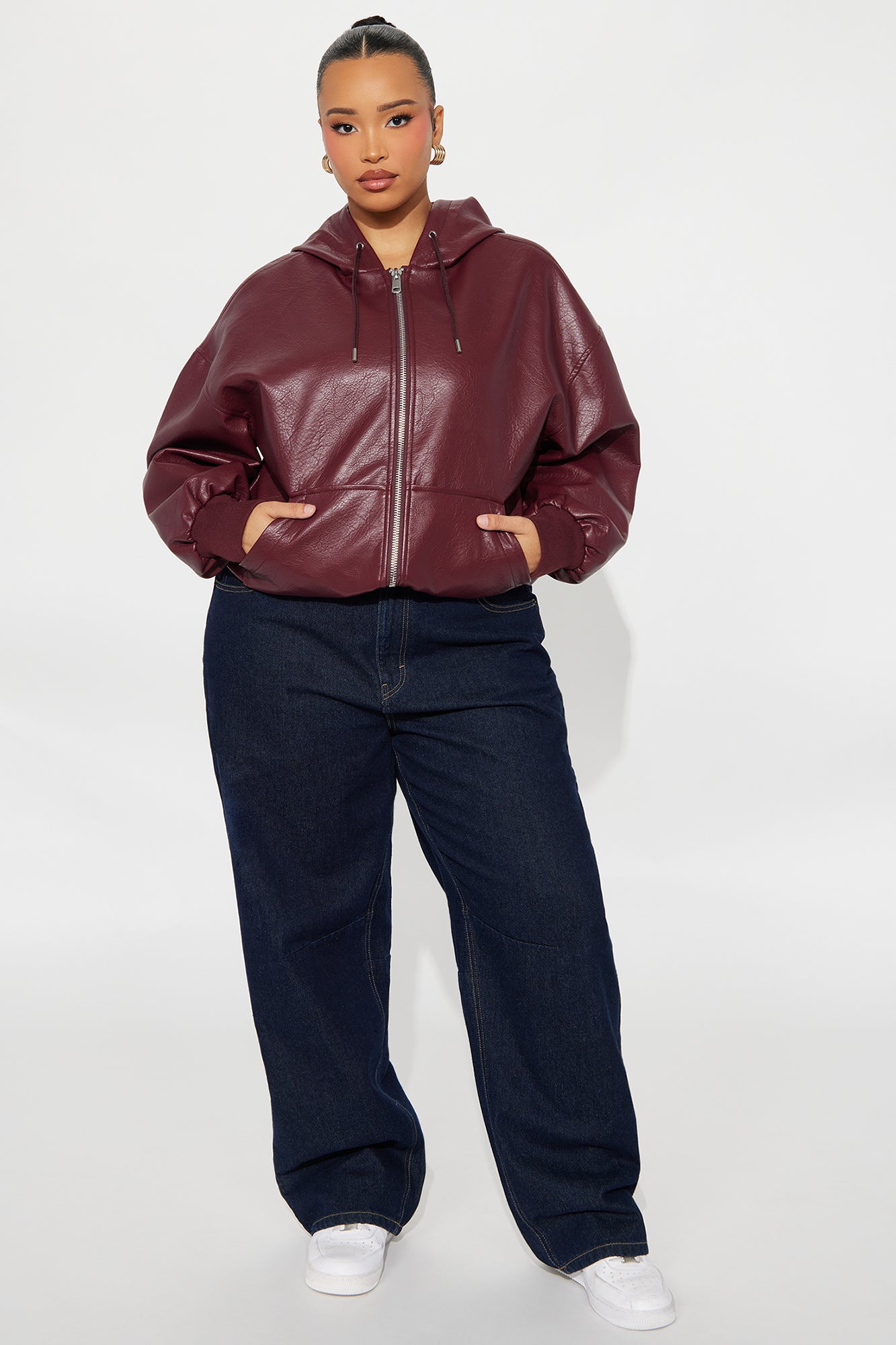 Alix Faux Leather Oversized Bomber Jacket - Burgundy