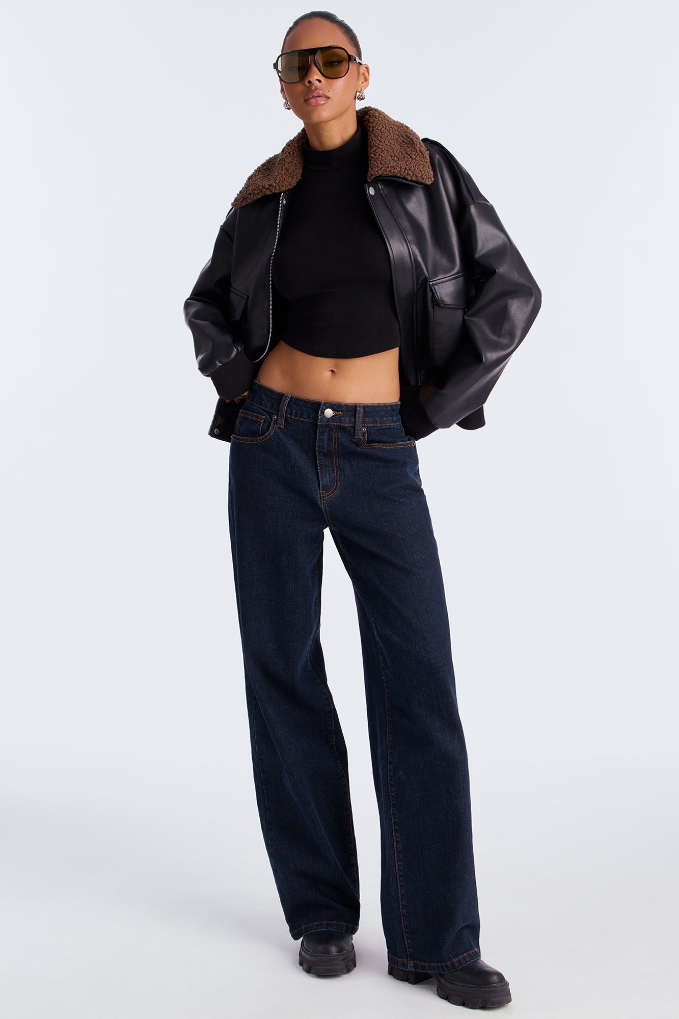 Jess Faux Leather Bomber Jacket - Black/Brown