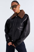 Jess Faux Leather Bomber Jacket - Black/Brown