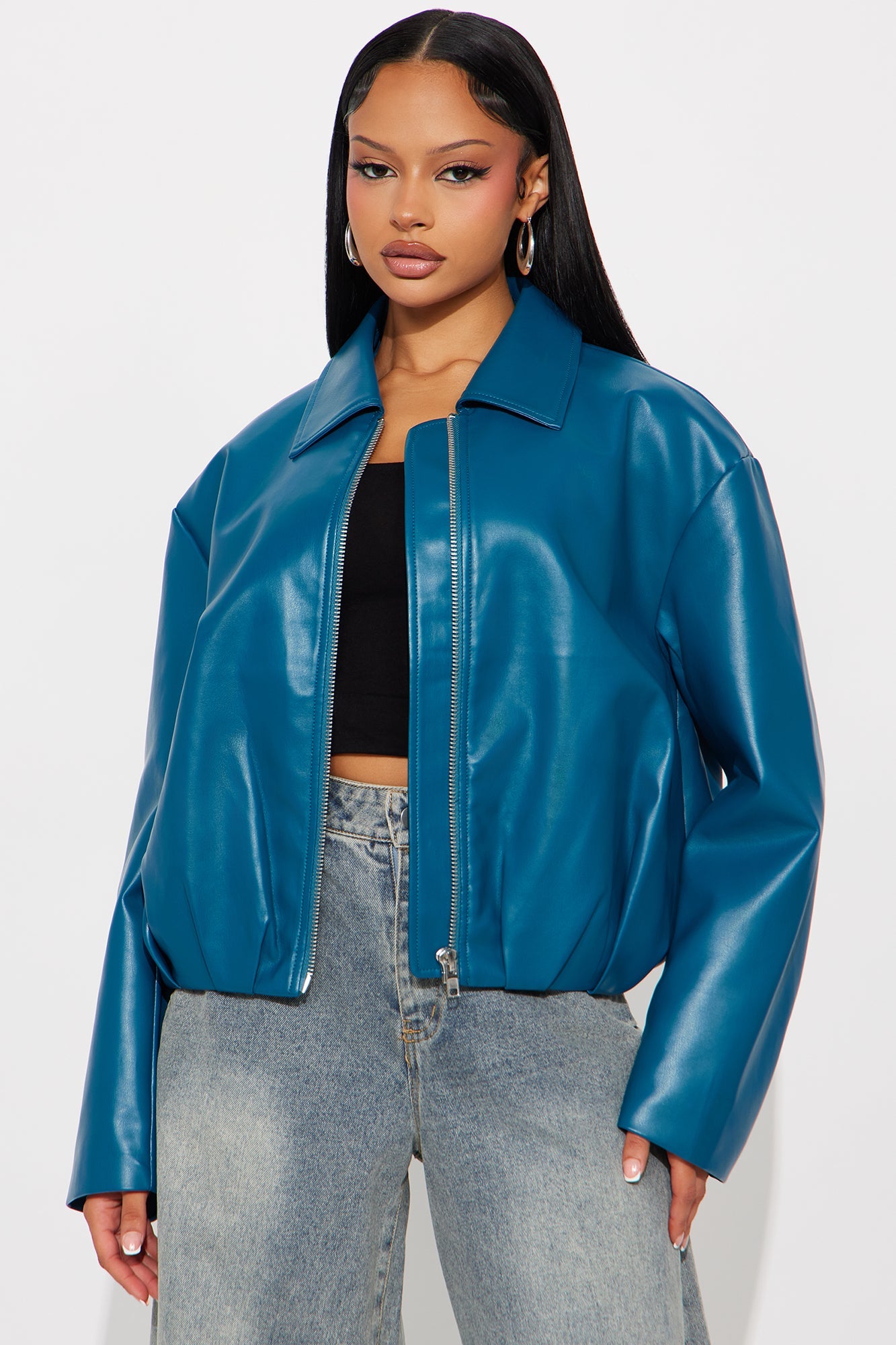 Iman It Girl Faux Leather Bomber Jacket - Teal