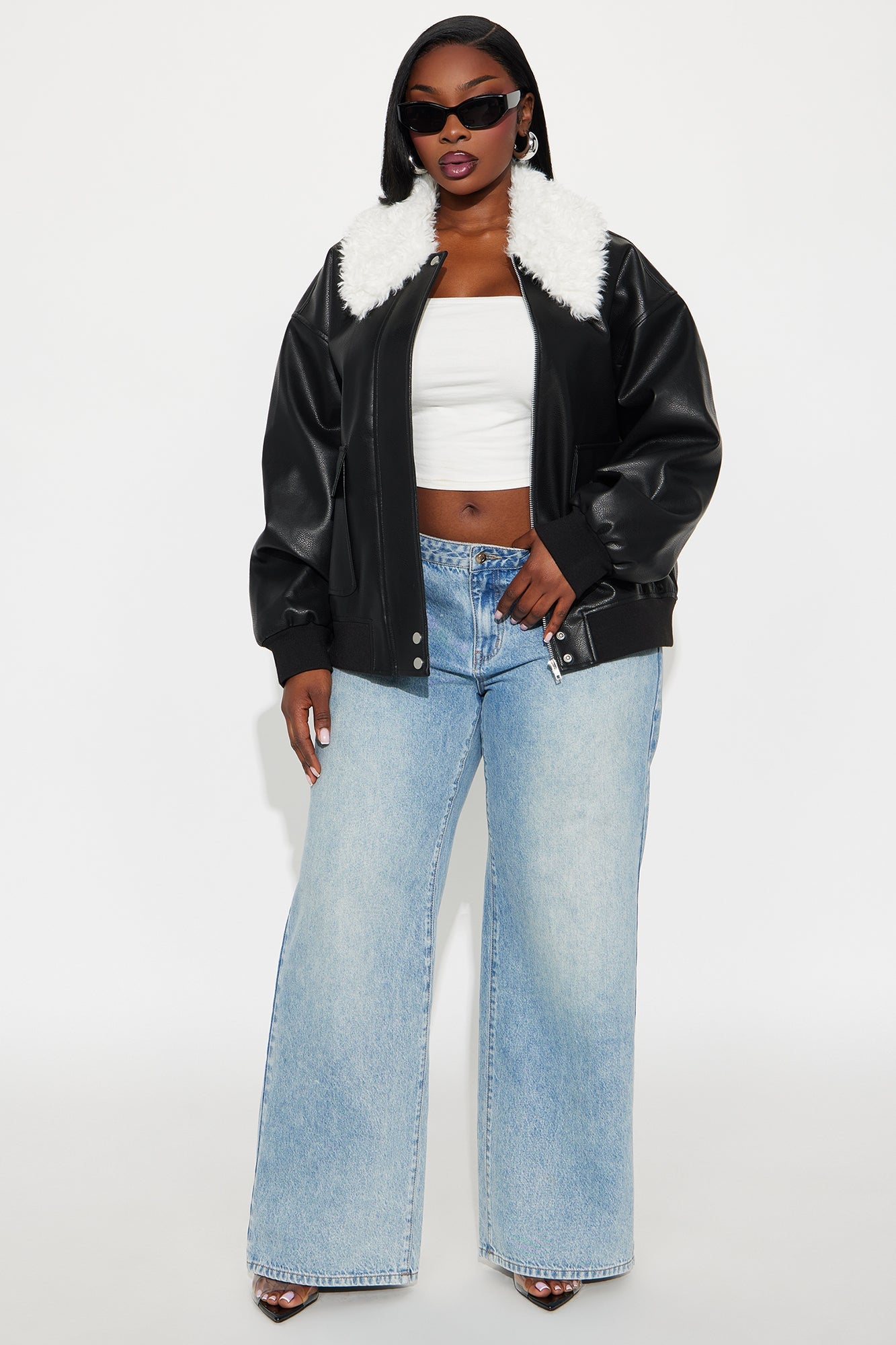 Mia Faux Leather Fur Bomber Jacket - Black