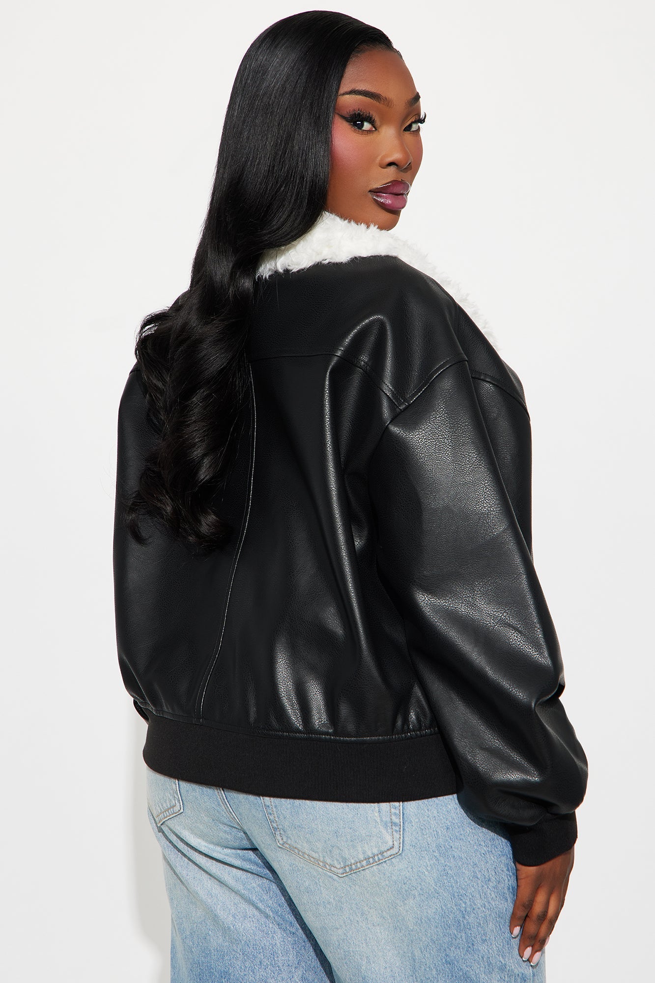 Mia Faux Leather Fur Bomber Jacket - Black