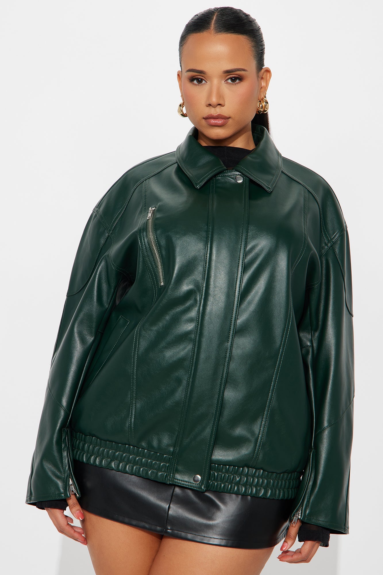 More To Come Faux Leather Bomber Jacket - Hunter