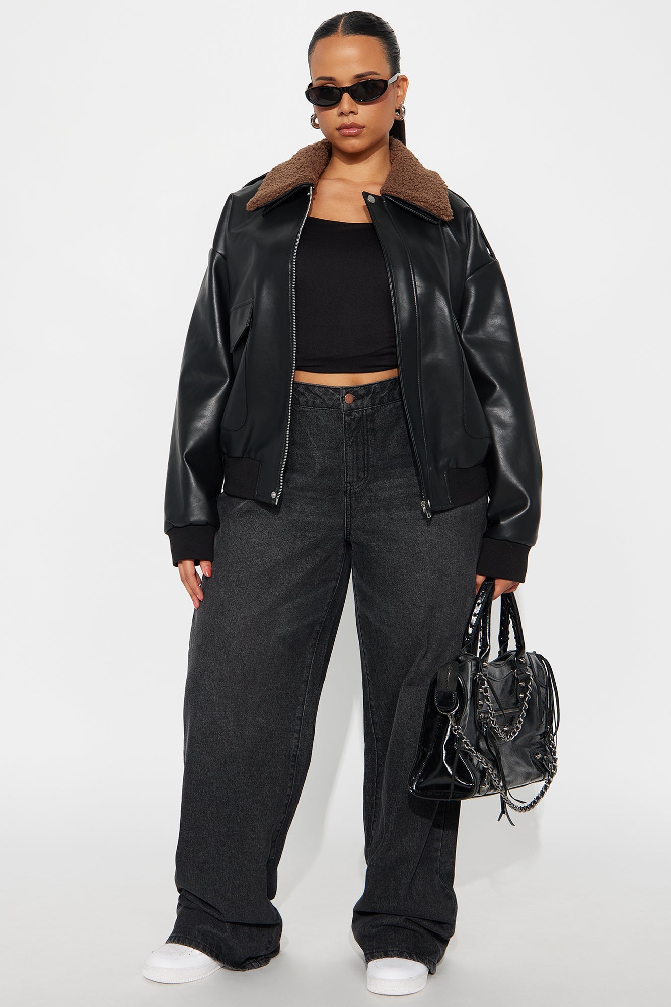 Jess Faux Leather Bomber Jacket - Black/Brown