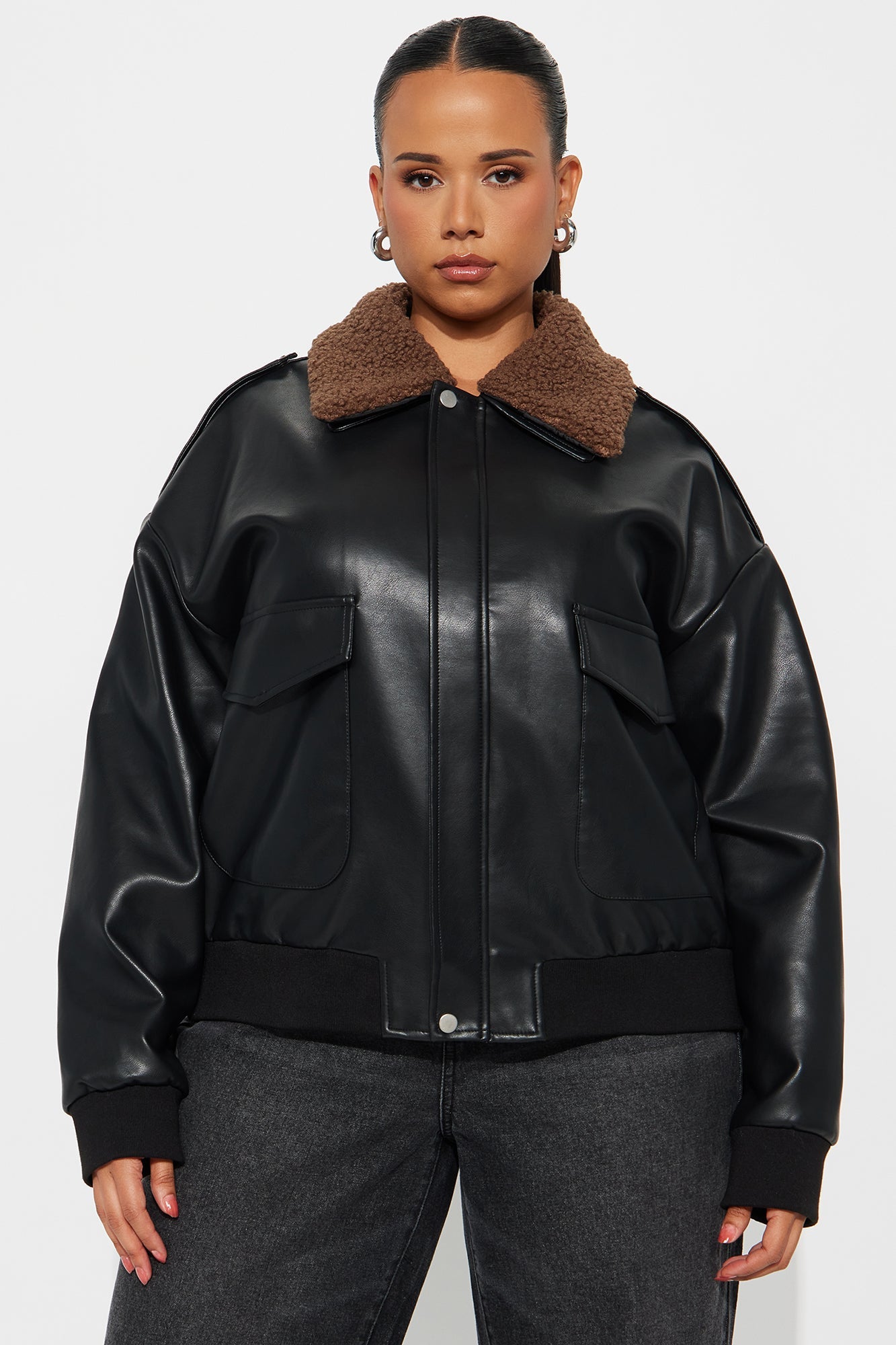 Jess Faux Leather Bomber Jacket - Black/Brown