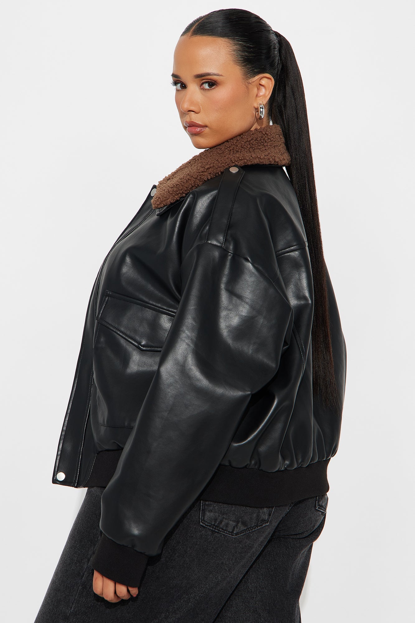 Jess Faux Leather Bomber Jacket - Black/Brown