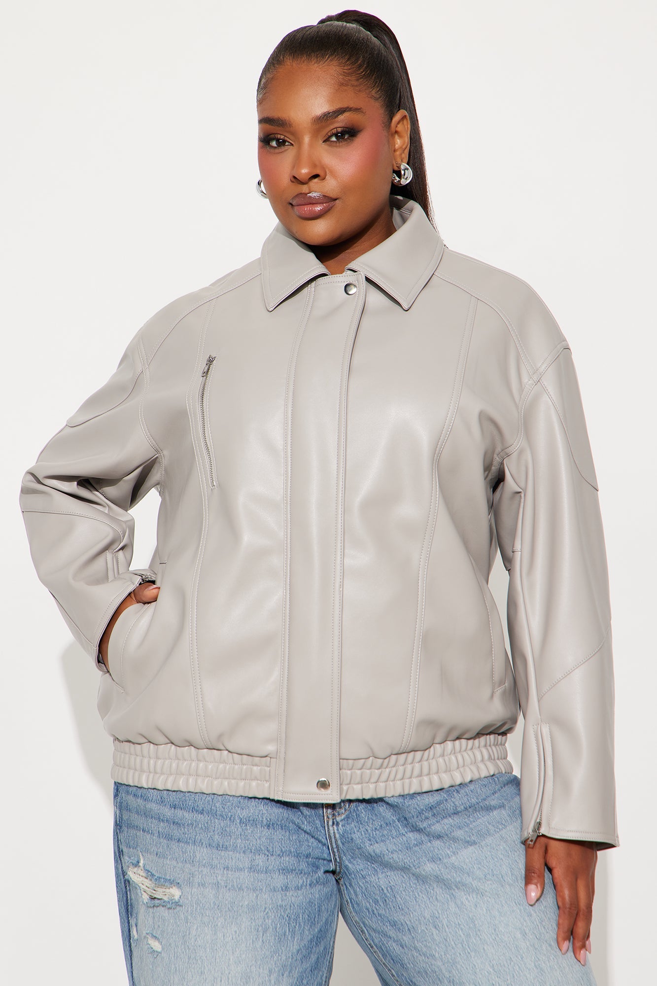 More To Come Faux Leather Bomber Jacket - Light Grey