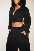 Premium Drapey Moto Denim Bomber Jacket - Black Wash