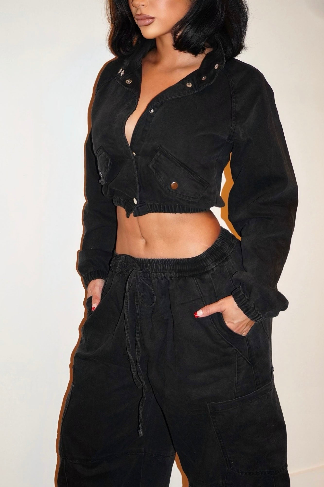 Premium Drapey Moto Denim Bomber Jacket - Black Wash