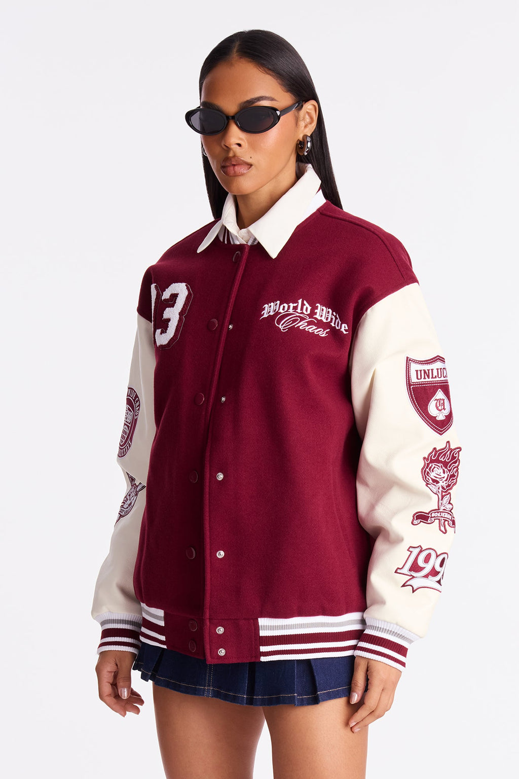 World Wide Chaos Varsity Jacket - Burgundy/combo