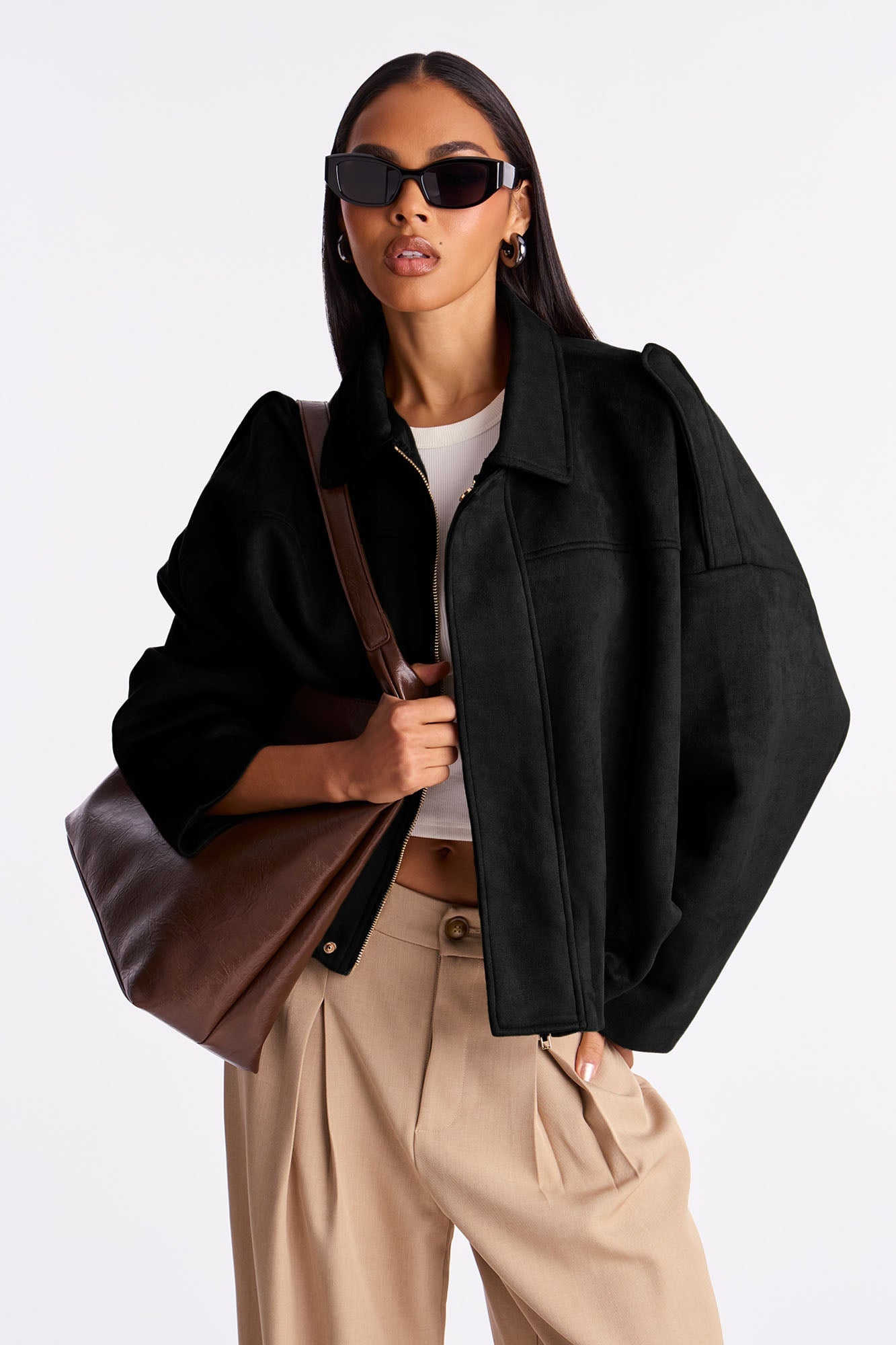 Harlowe Oversized Faux Suede Jacket - Black