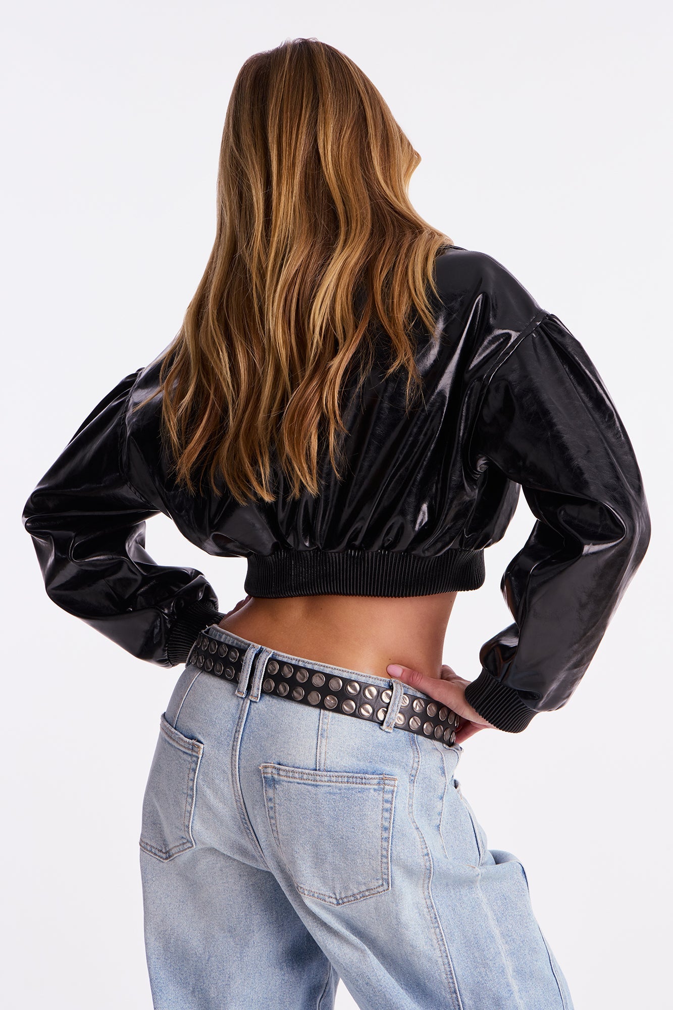 Call On Me Faux Leather Cropped Bomber Jacket - Black