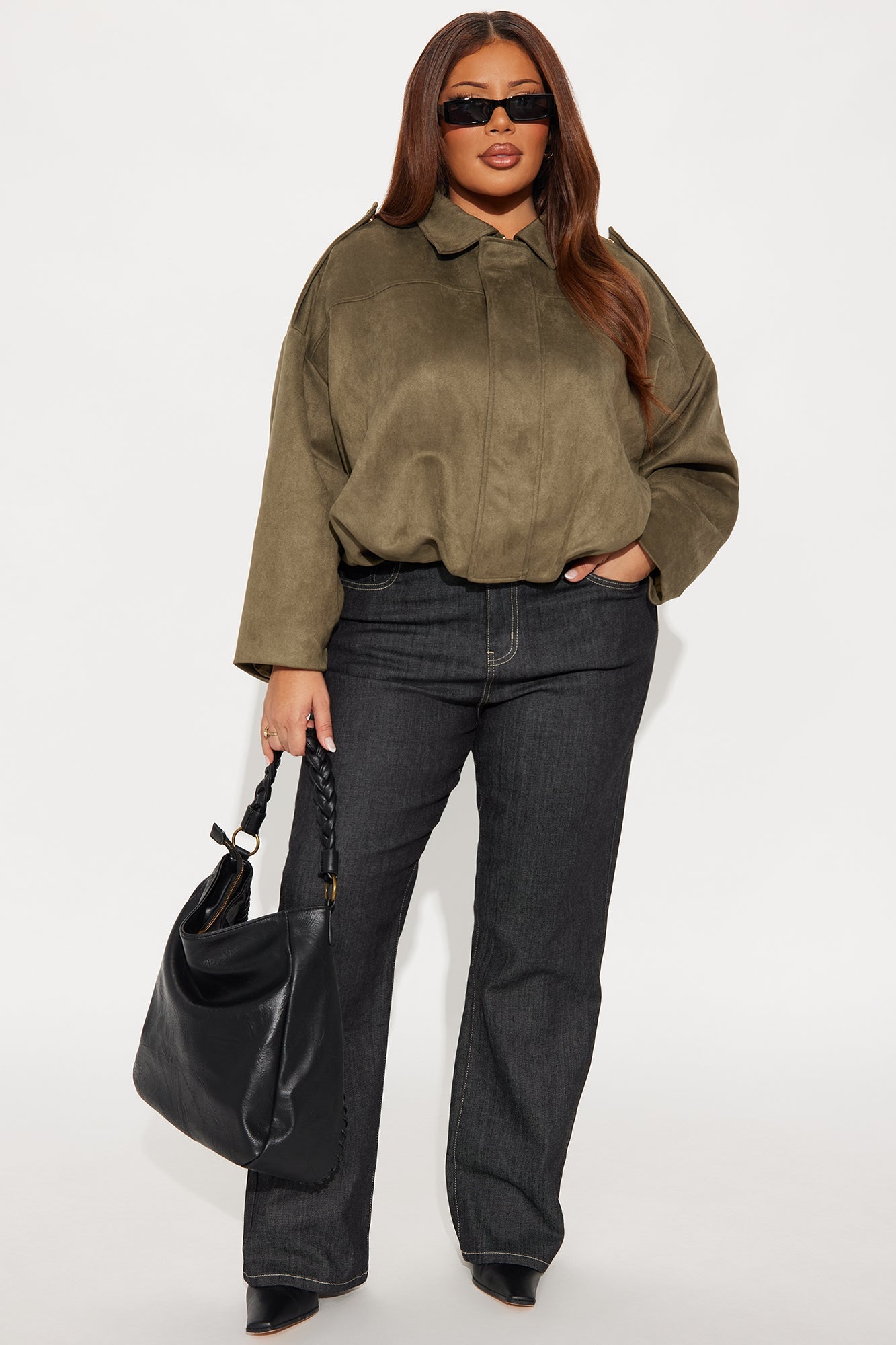 Harlowe Oversized Faux Suede Jacket - Olive