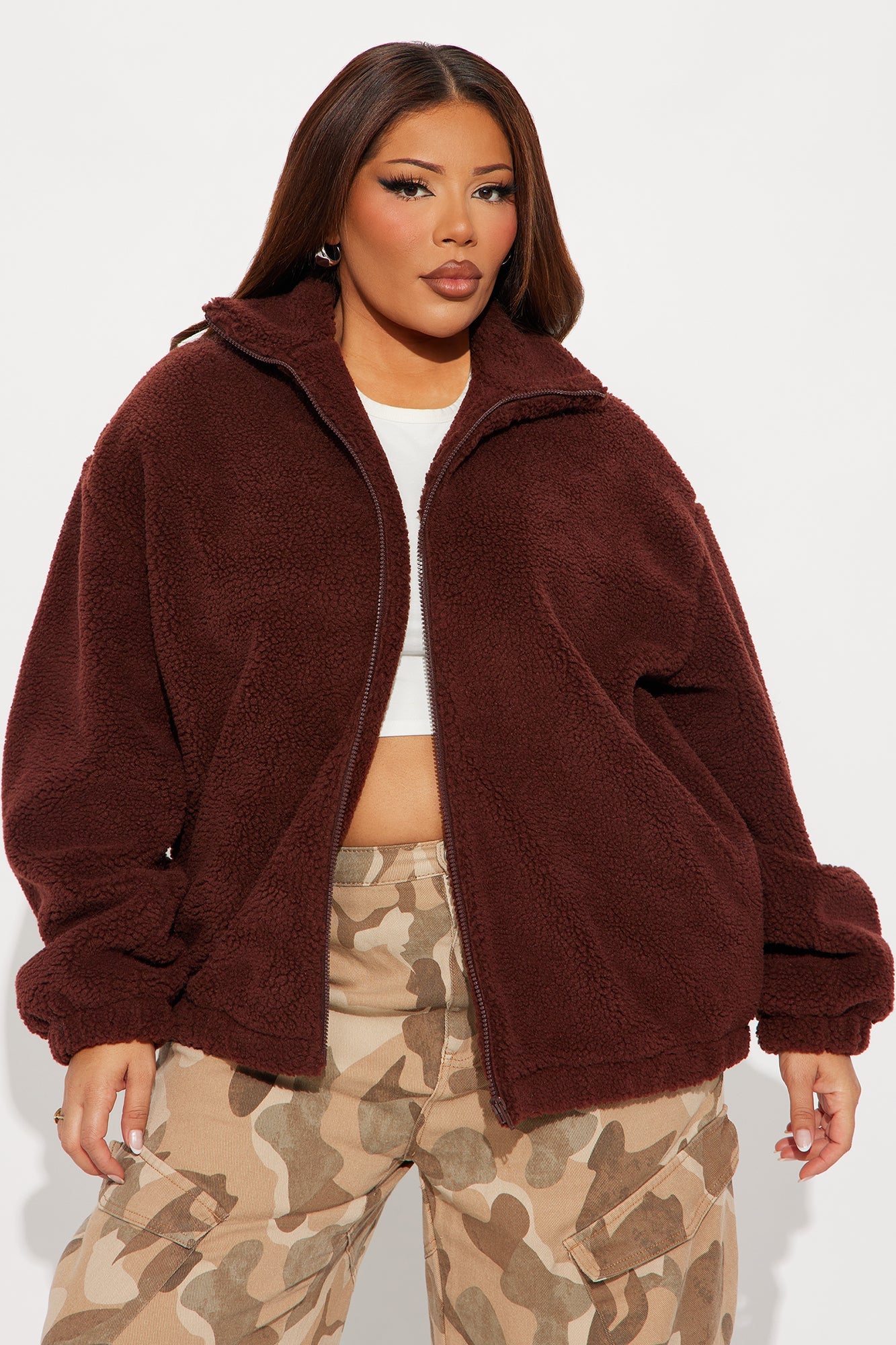 Cozy In New York Sherpa Jacket - Brown/combo