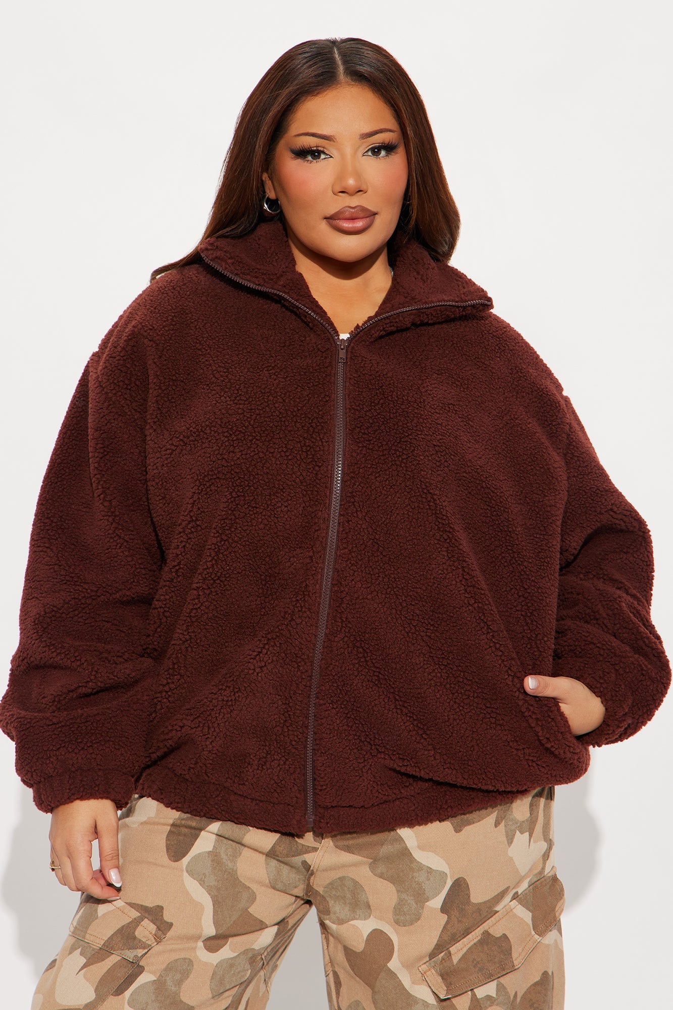 Cozy In New York Sherpa Jacket - Brown/combo