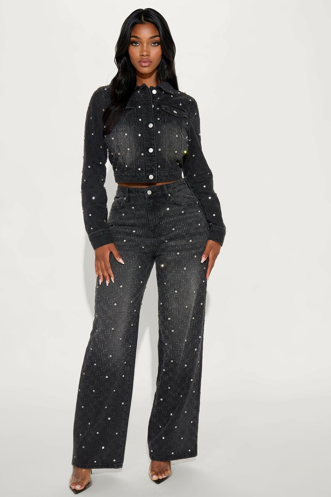 City Lights Embellished Wide Leg Jeans - Black Wash