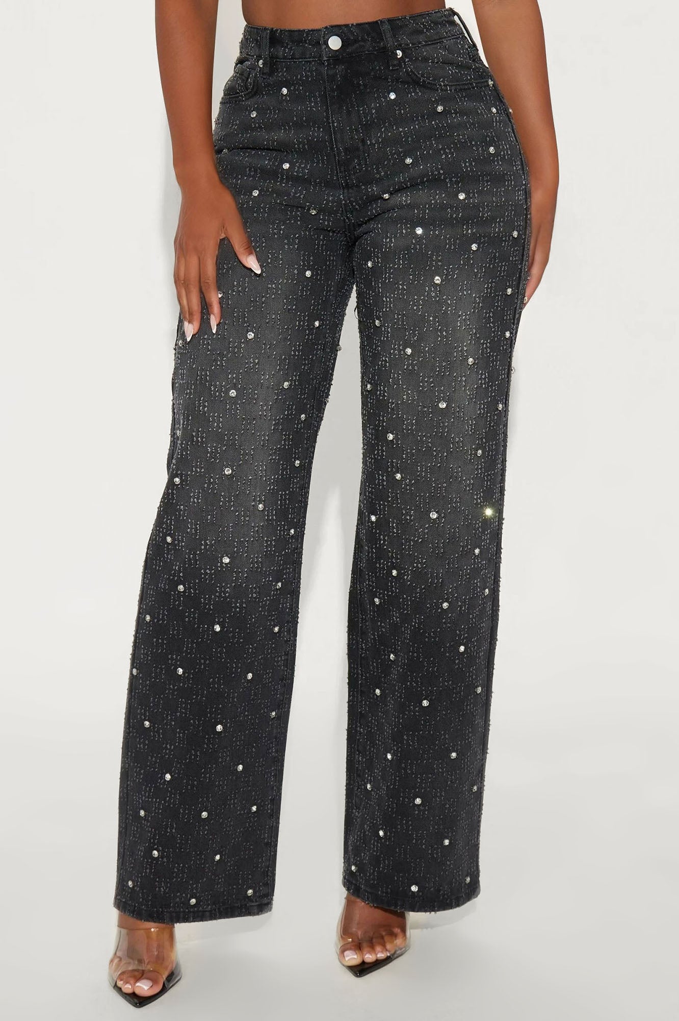 City Lights Embellished Wide Leg Jeans - Black Wash