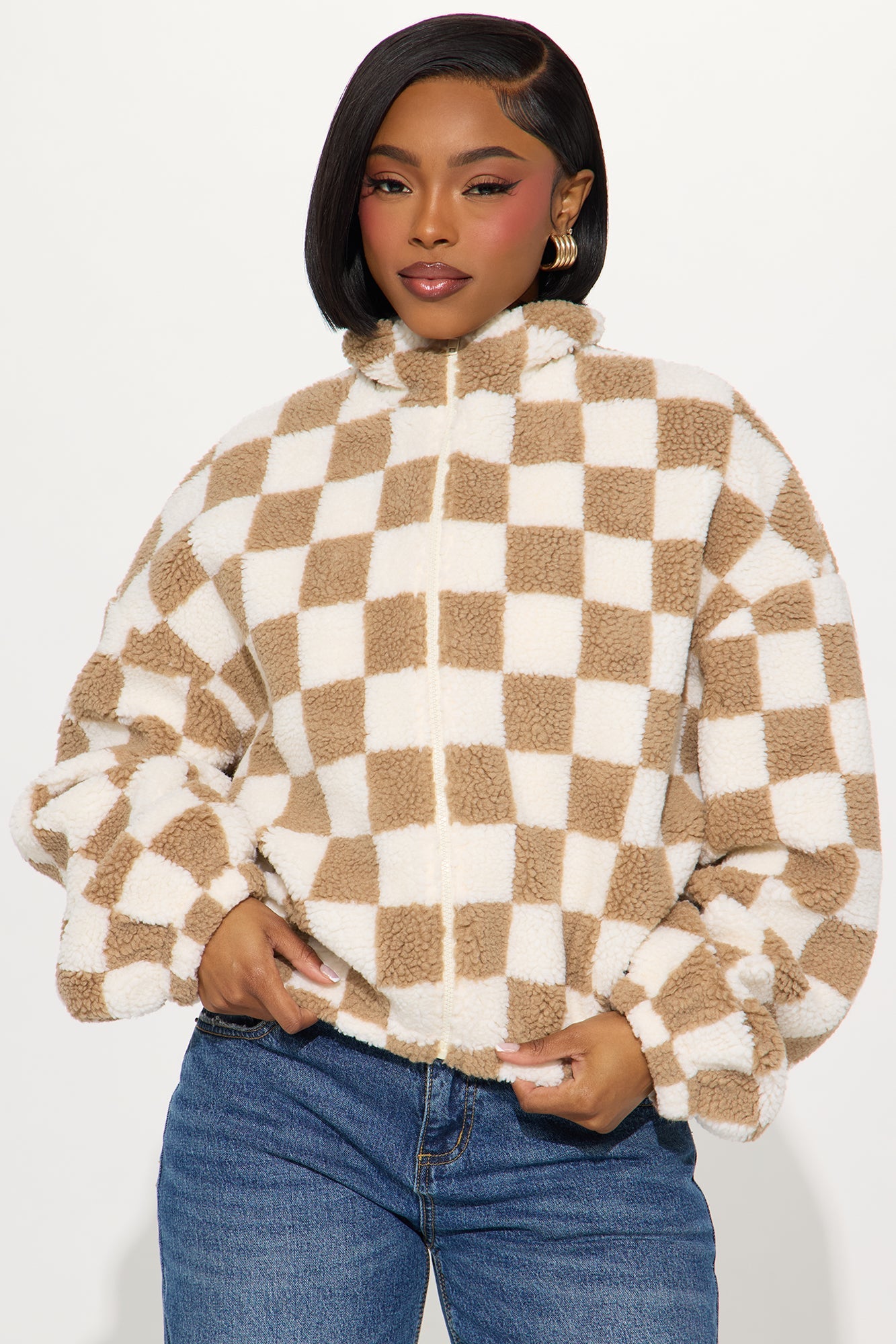 Make Your Move Checkered Sherpa Jacket - Brown/combo