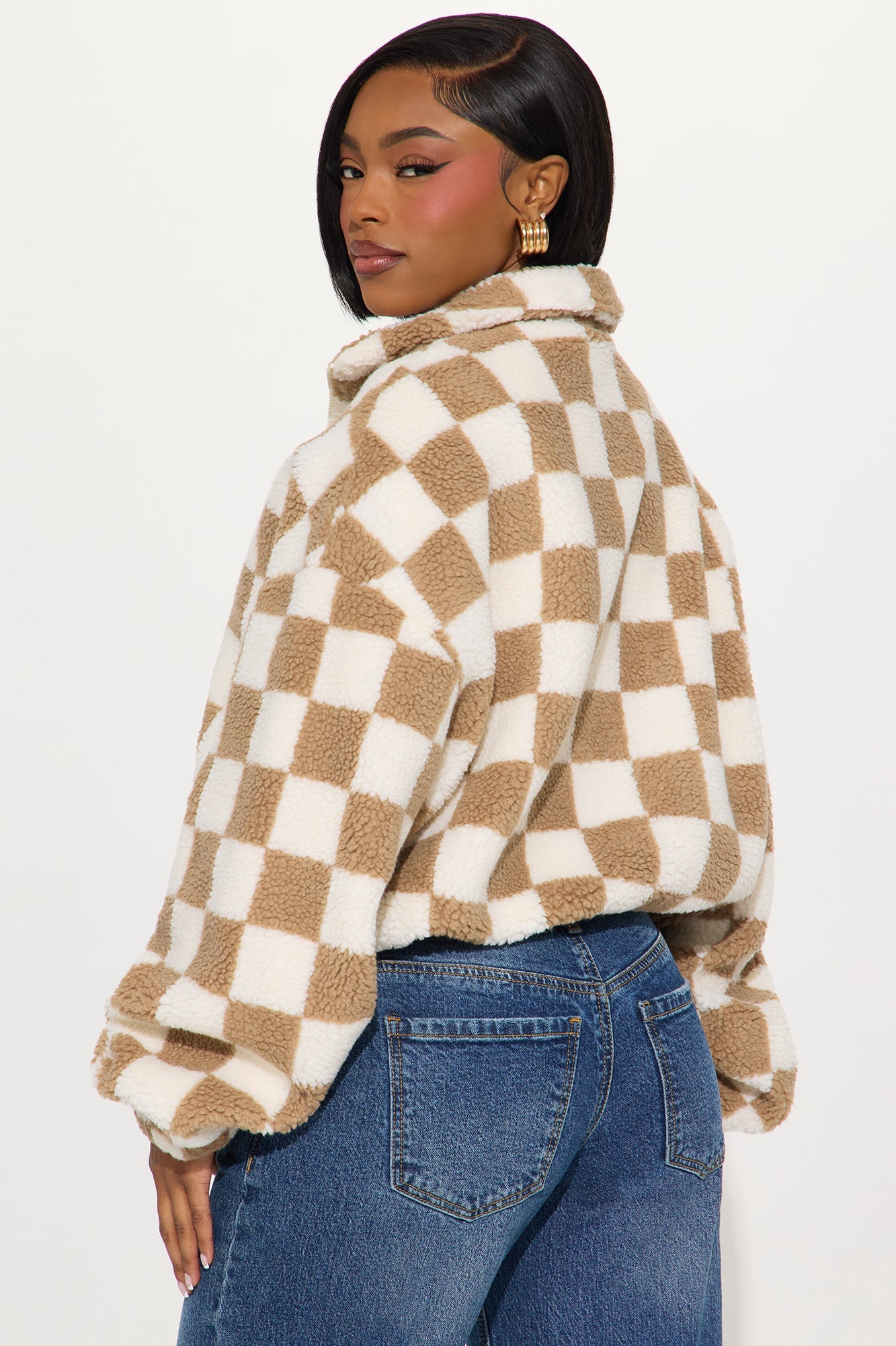Make Your Move Checkered Sherpa Jacket - Brown/combo