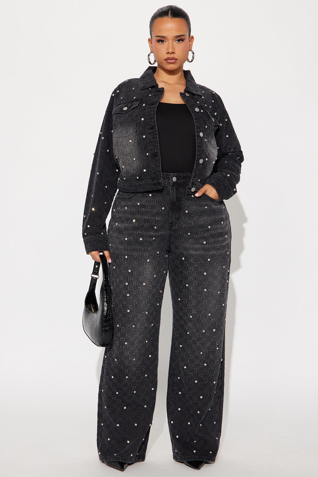 City Lights Embellished Wide Leg Jeans - Black Wash