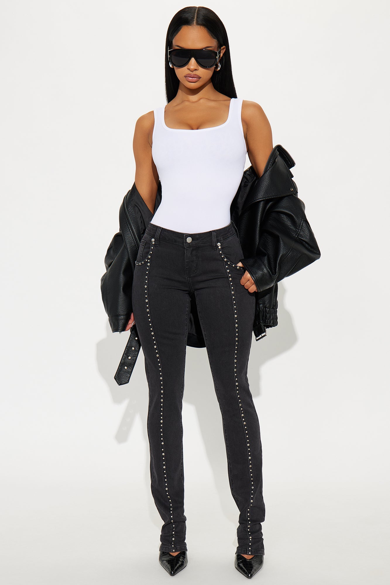 What A Studded Stacked Slim Jeans - Black Wash