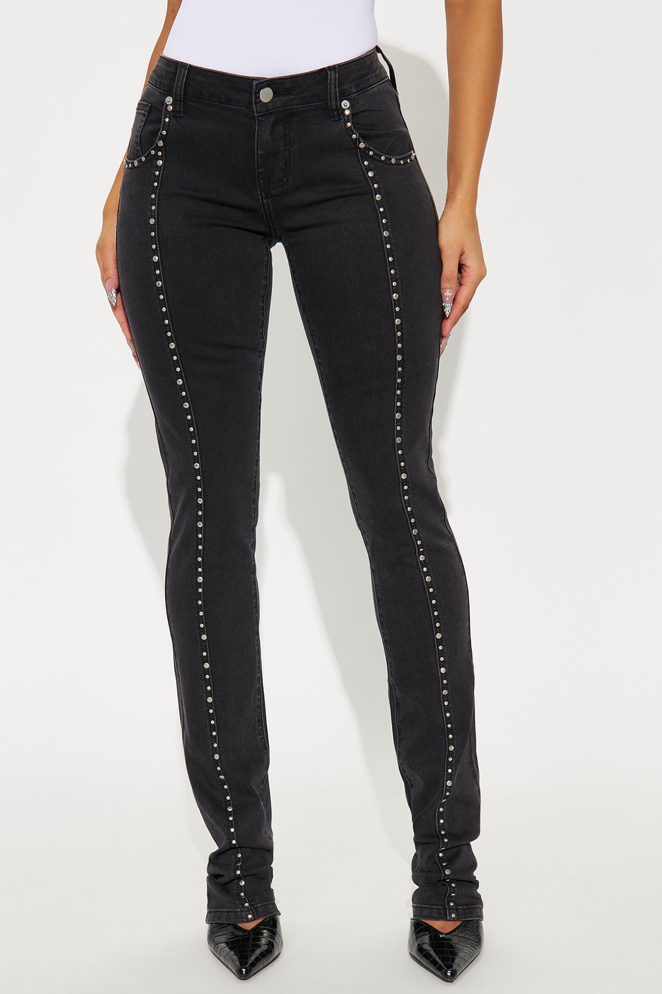 What A Studded Stacked Slim Jeans - Black Wash