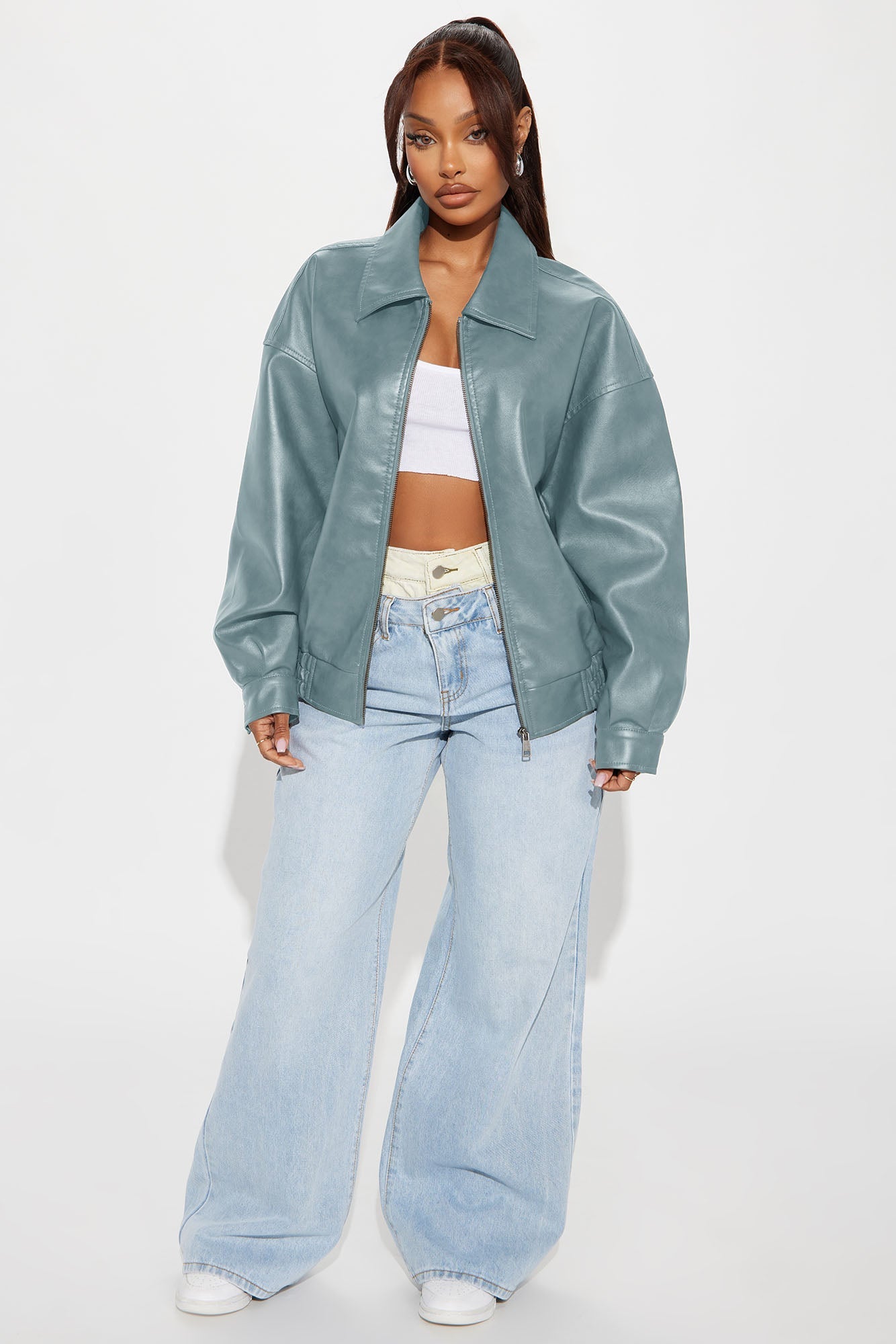 Hustle Mode Oversized Faux Leather Jacket - Slate Blue