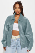 Hustle Mode Oversized Faux Leather Jacket - Slate Blue