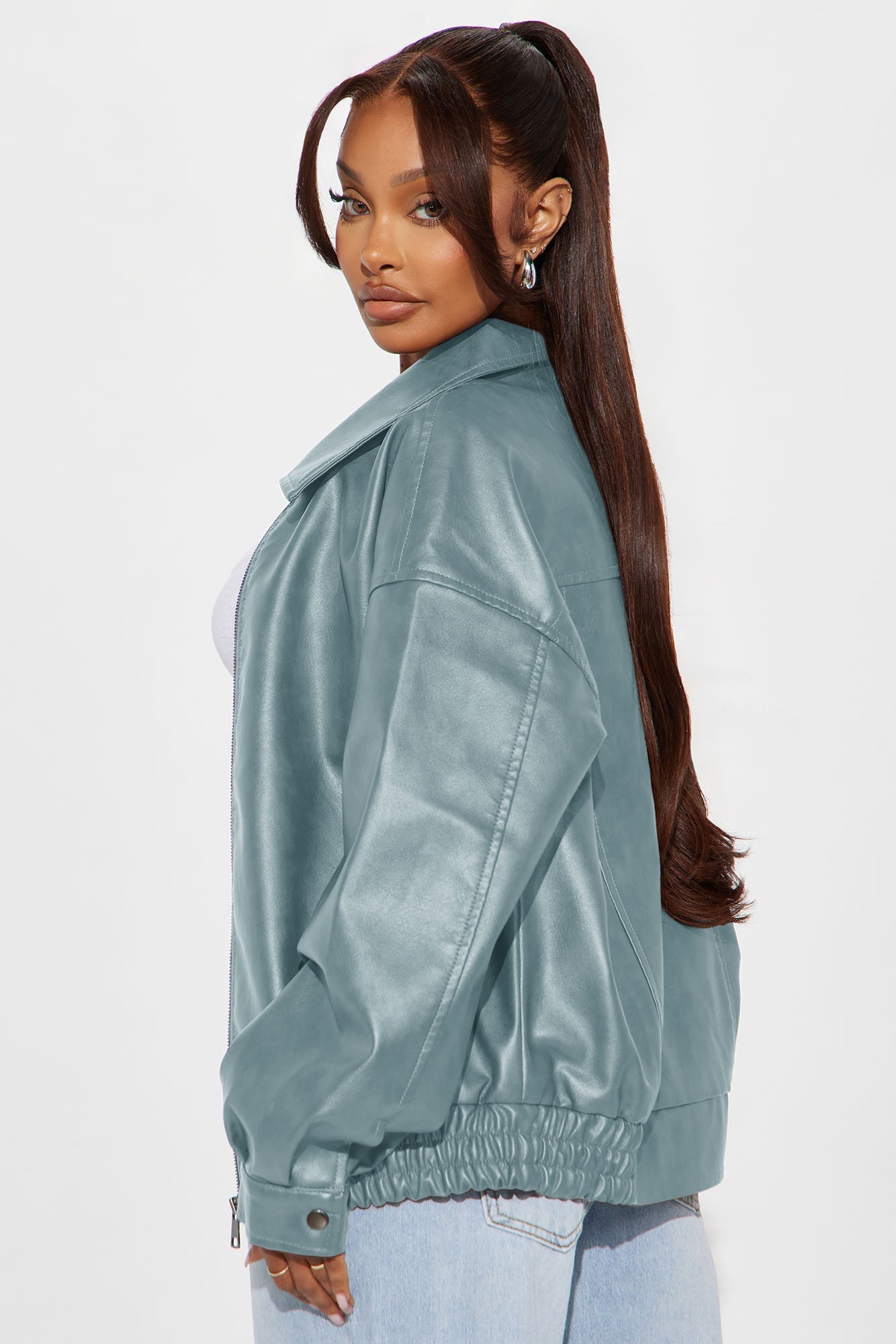 Hustle Mode Oversized Faux Leather Jacket - Slate Blue