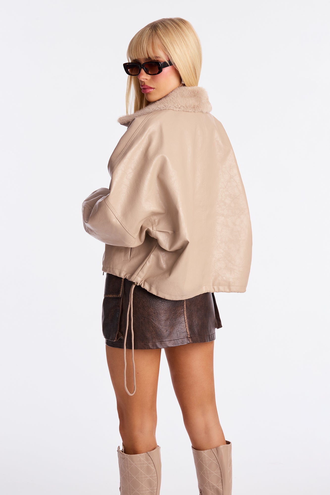 City Nights Faux Leather Bomber Jacket - Mocha