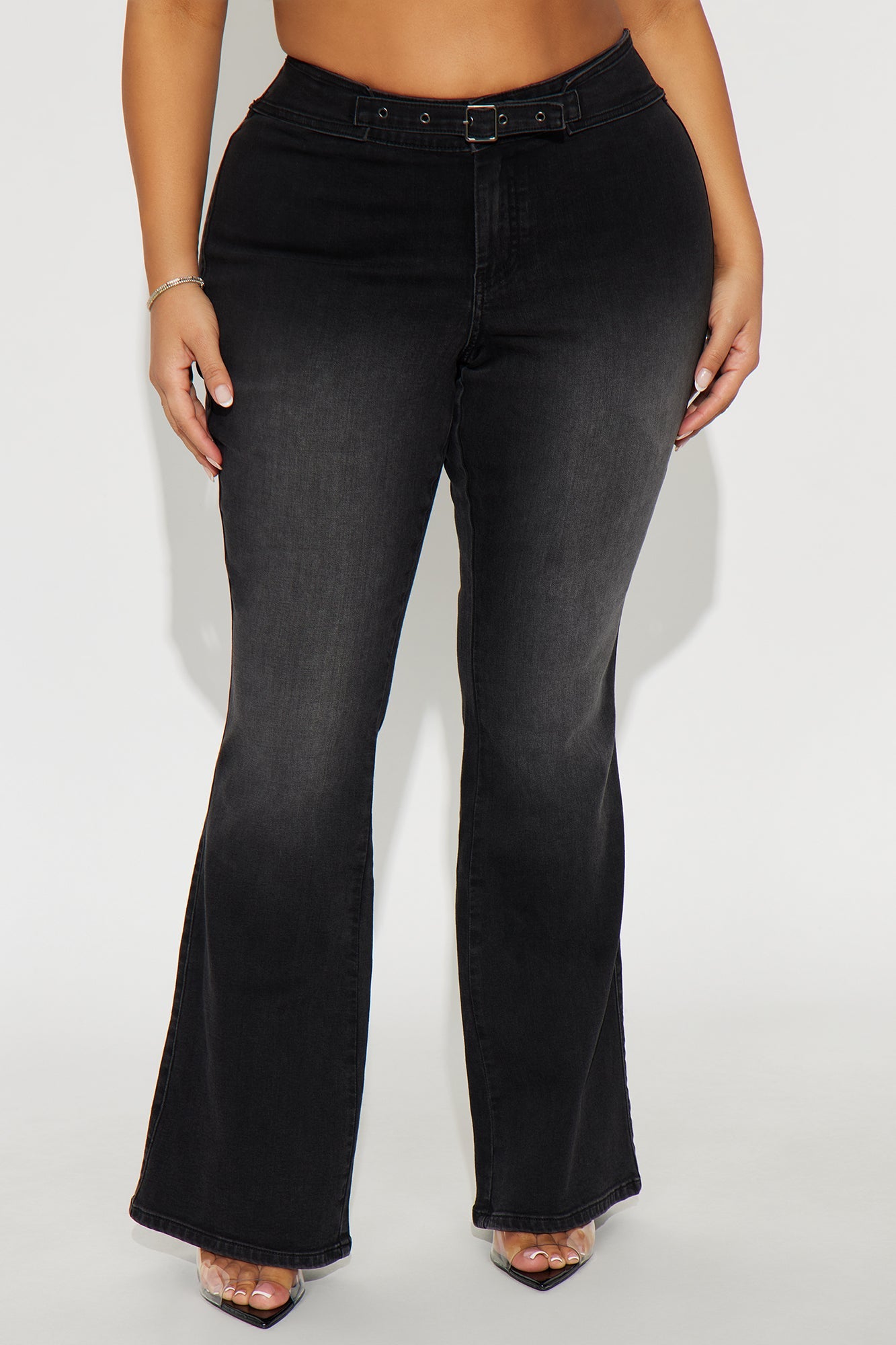Over Yonder Belted Low Rise Flare Jeans - Black Wash